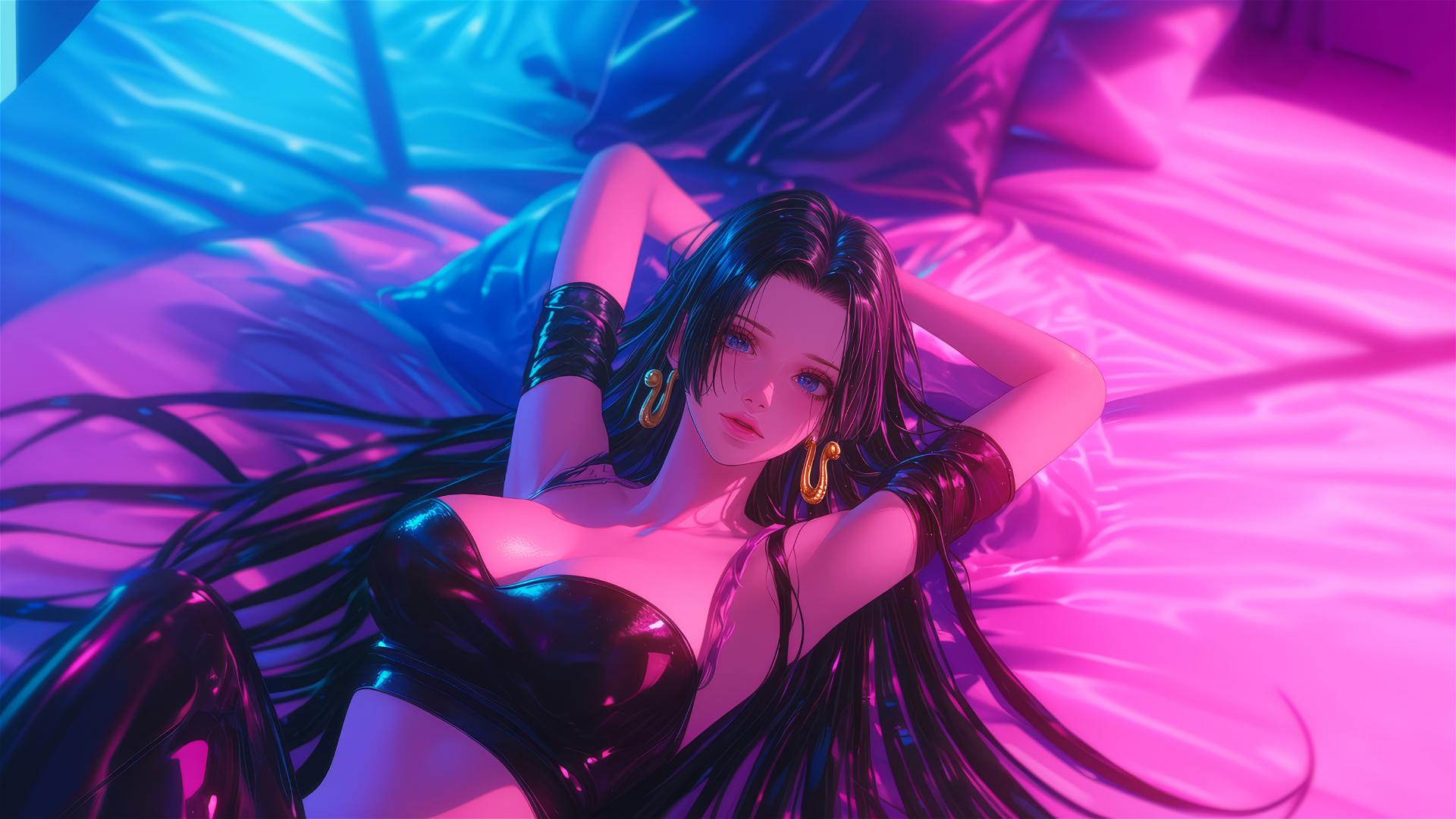 High angle of Boa Hancock in bed, wearing black and pink leather with gold earrings, neon colors, pink background, high contrast.