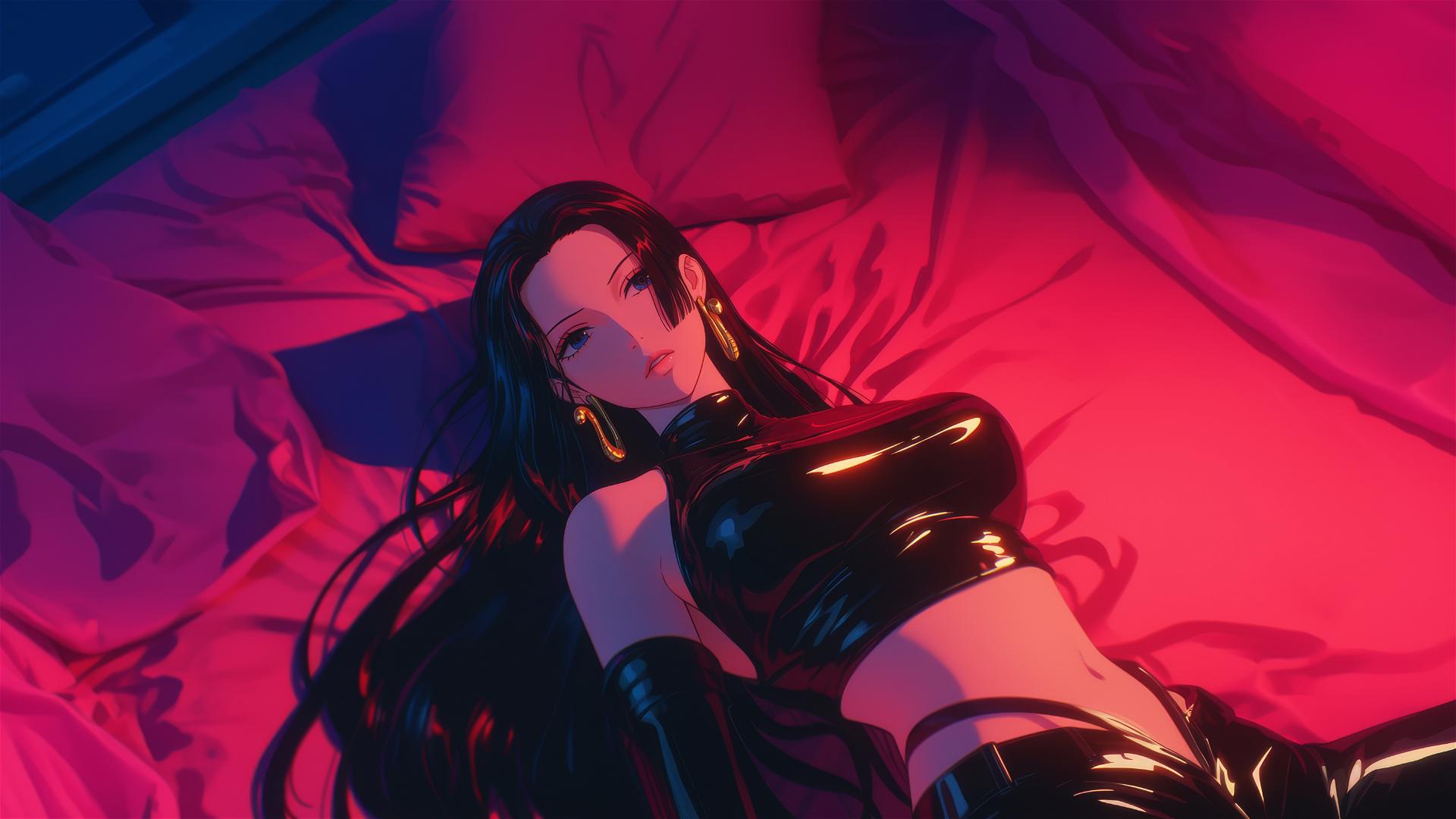 High angle of Boa Hancock in bed, wearing black and pink leather, with long hair and gold earrings.