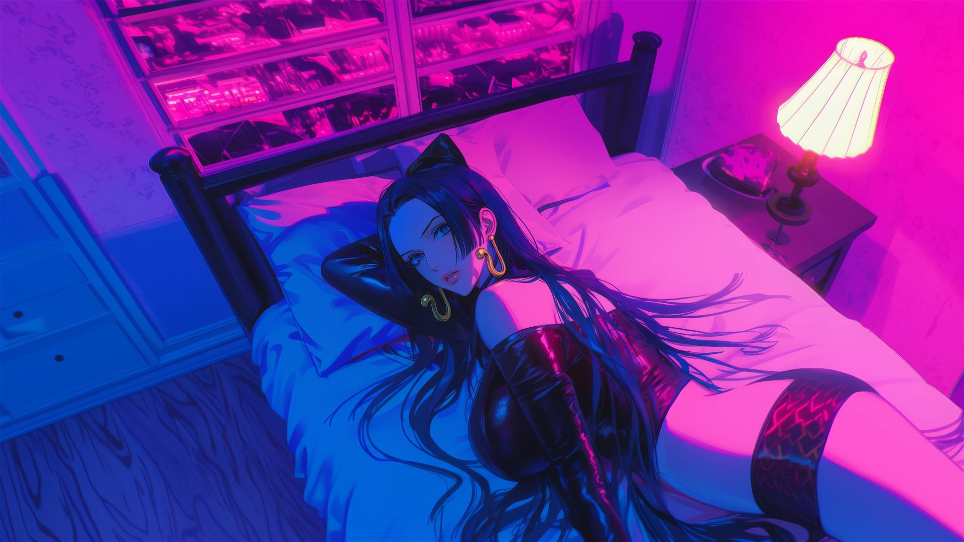 High angle of Boa Hancock from One Piece in bed, wearing black and pink leather, with long hair and gold earrings, neon colors, pink background, high contrast.