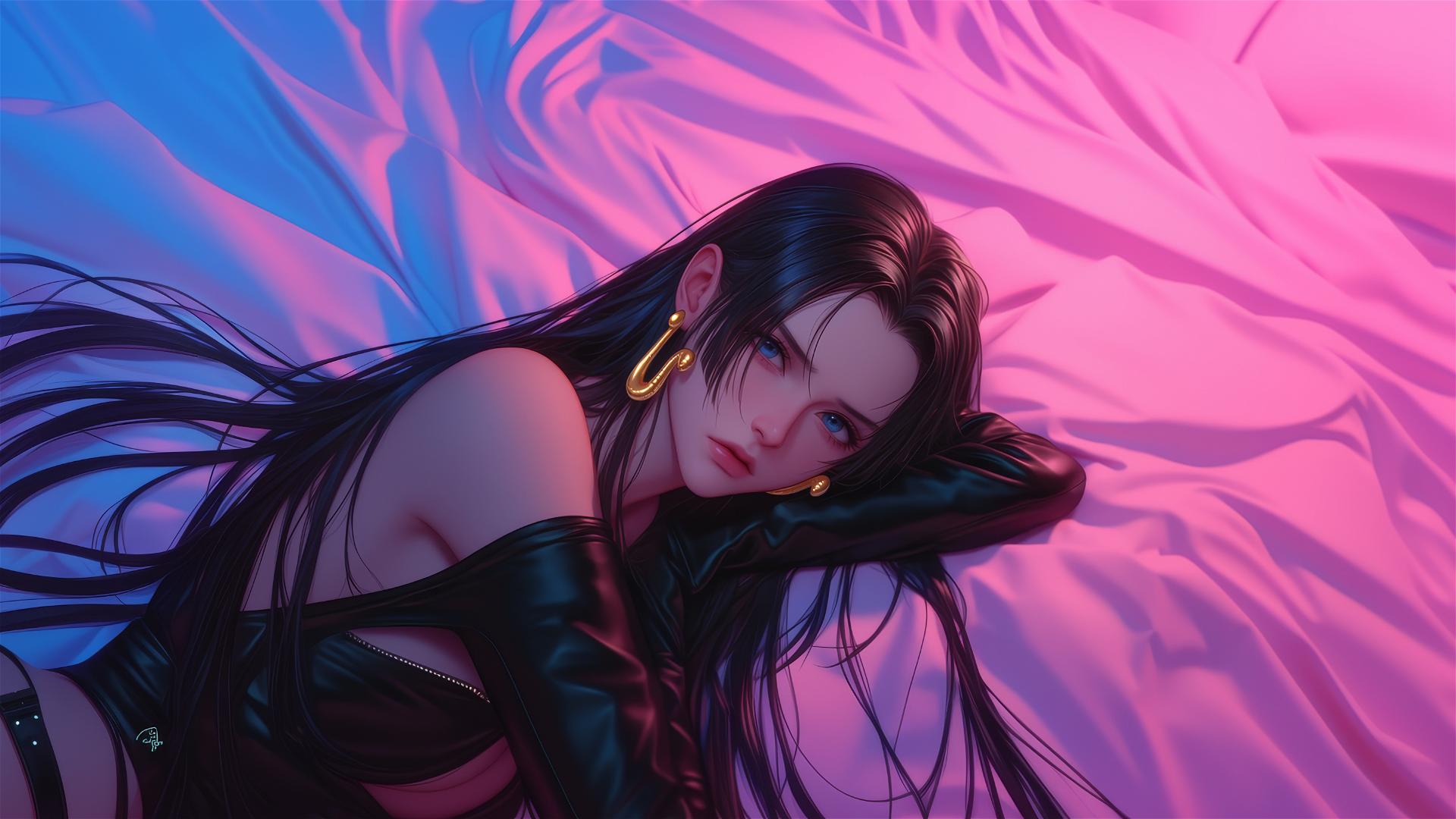 Boa Hancock from One Piece in bed, black and pink leather, neon colors