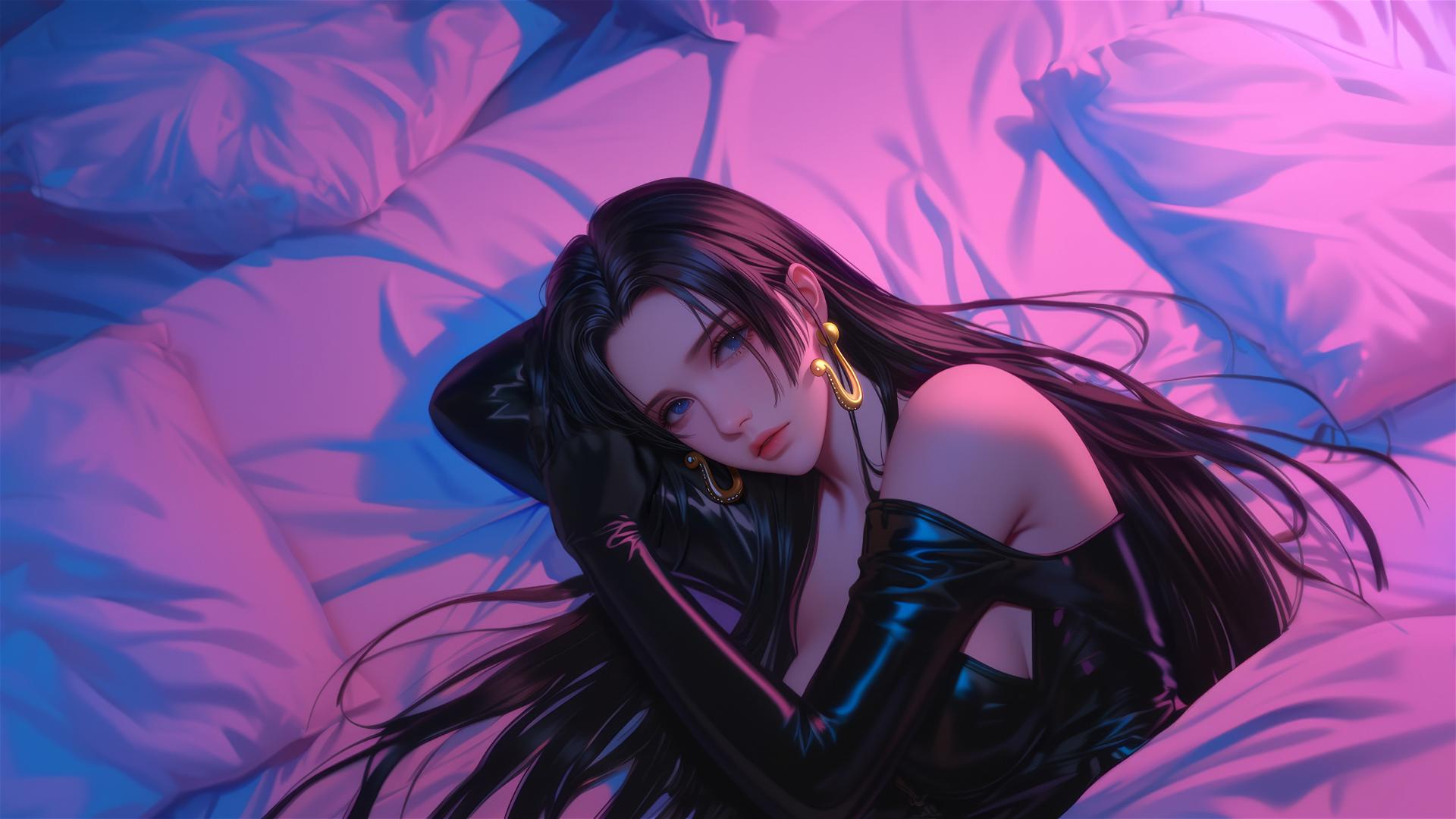 High angle of Boa Hancock in bed, black and pink leather, gold earrings