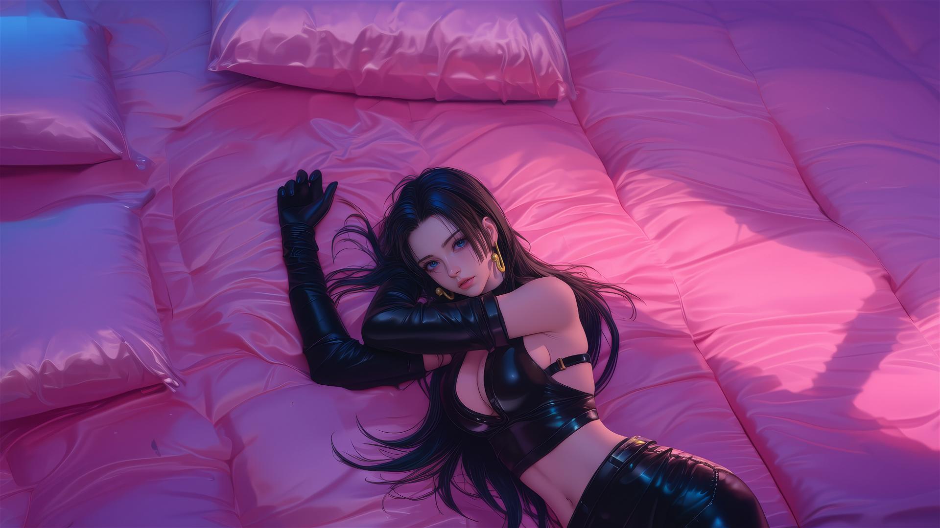 High angle view of Boa Hancock in bed, anime style, hyper realistic