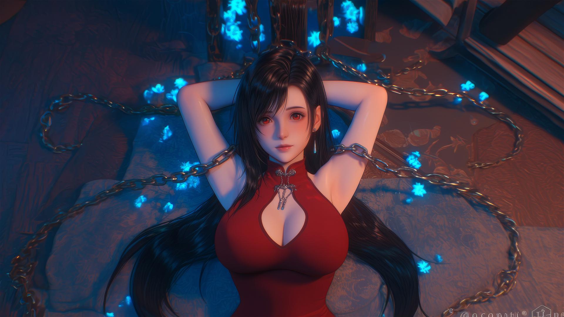 Tifa Lockhart in red, chained in a modern hotel room with warm light