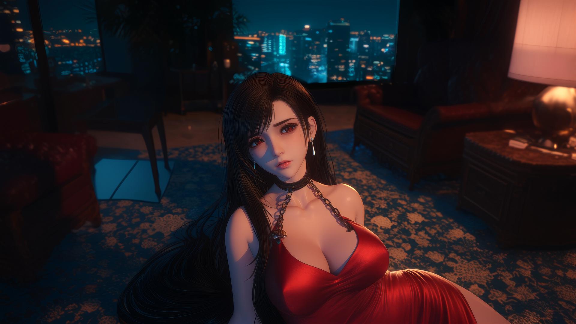 Tifa Lockhart in red, chained at the neck in a modern hotel, bathed in warm light