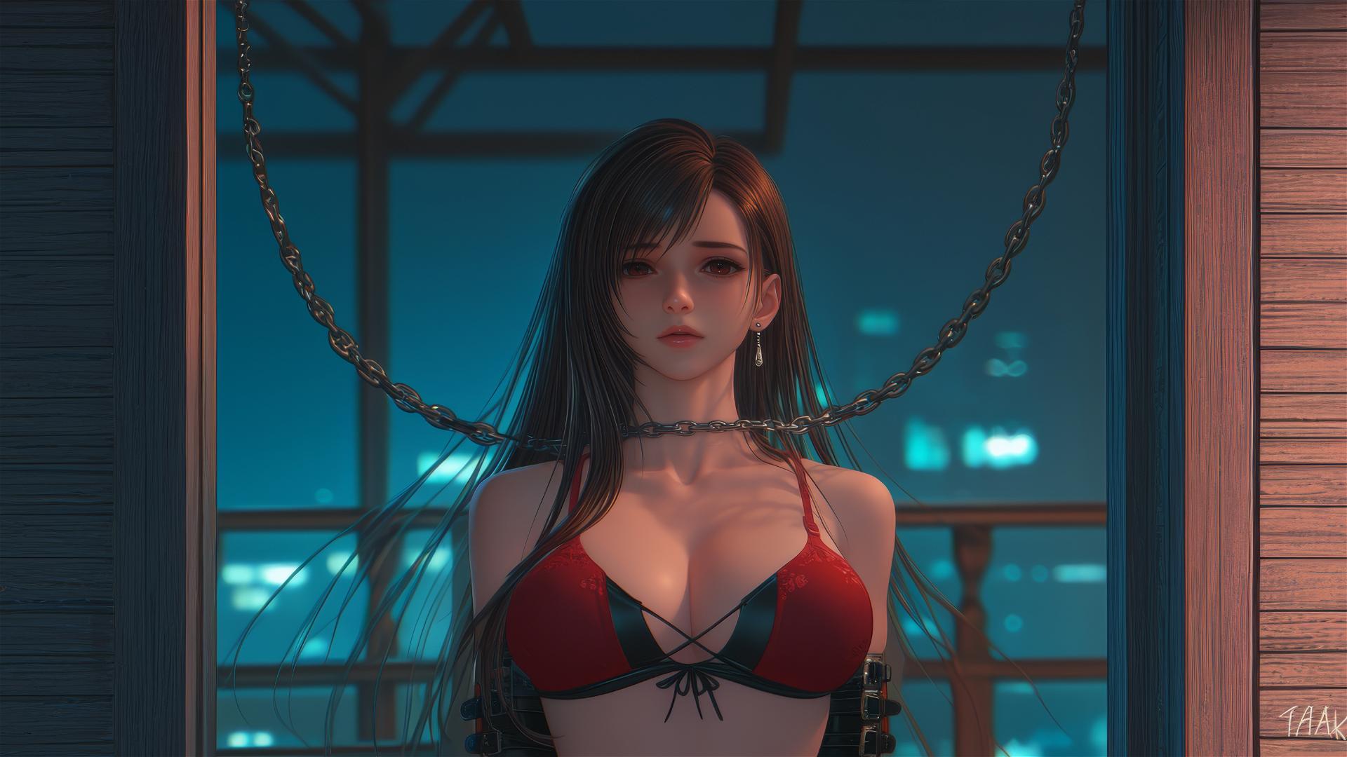 Tifa Lockhart in a modern hotel room, neck locked with thick iron chains