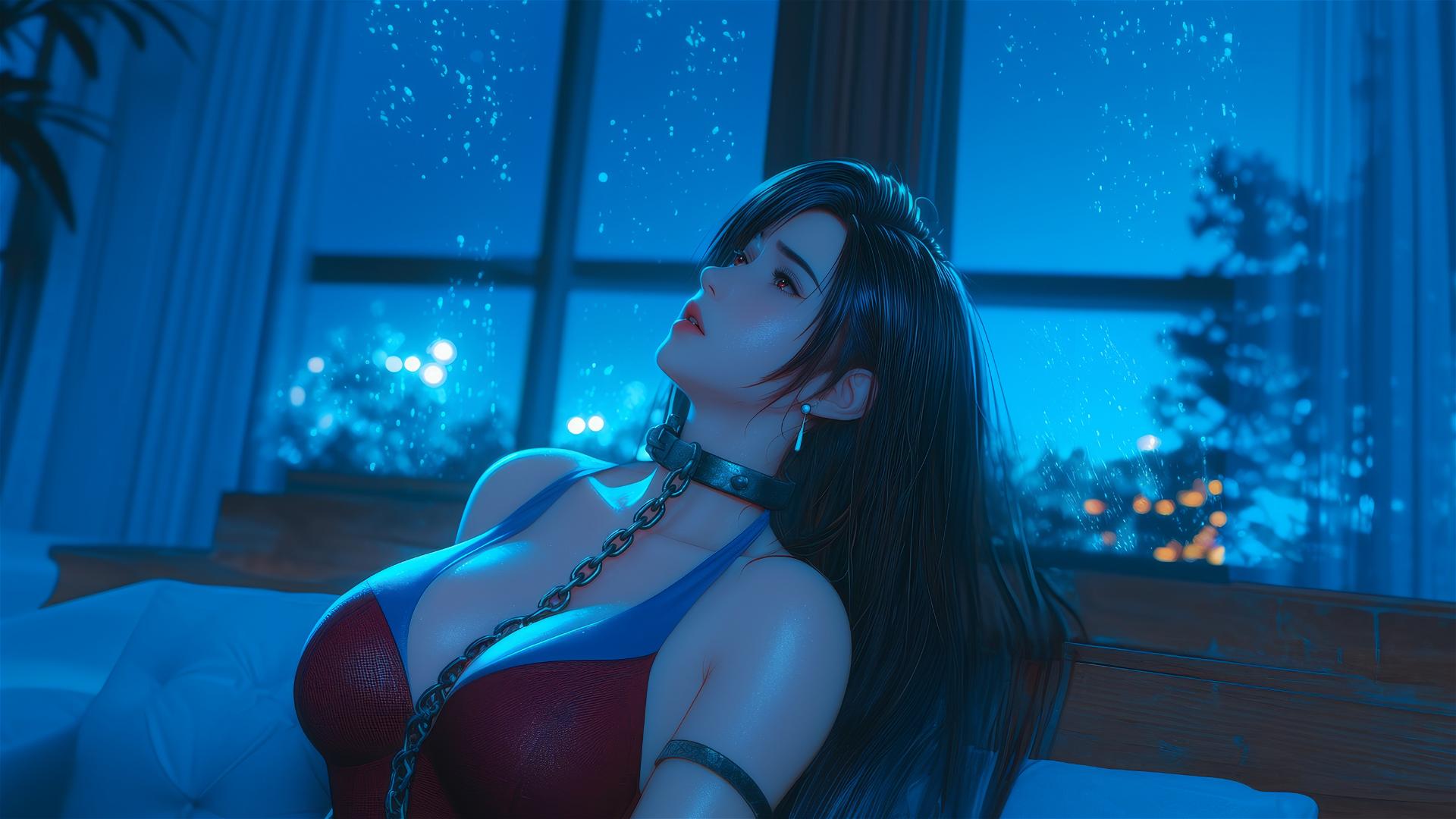 Tifa Lockhart in chains, in a modern hotel room with warm lighting