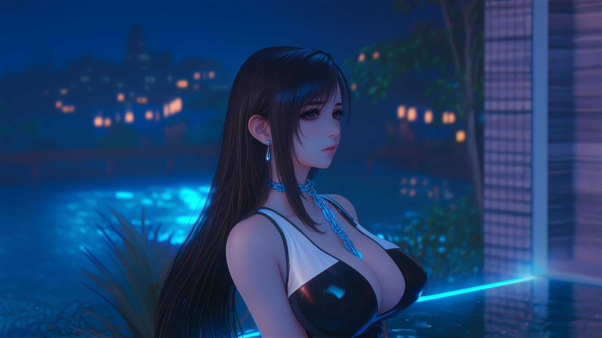 Tifa Lockhart with iron chains around her neck in a modern hotel room