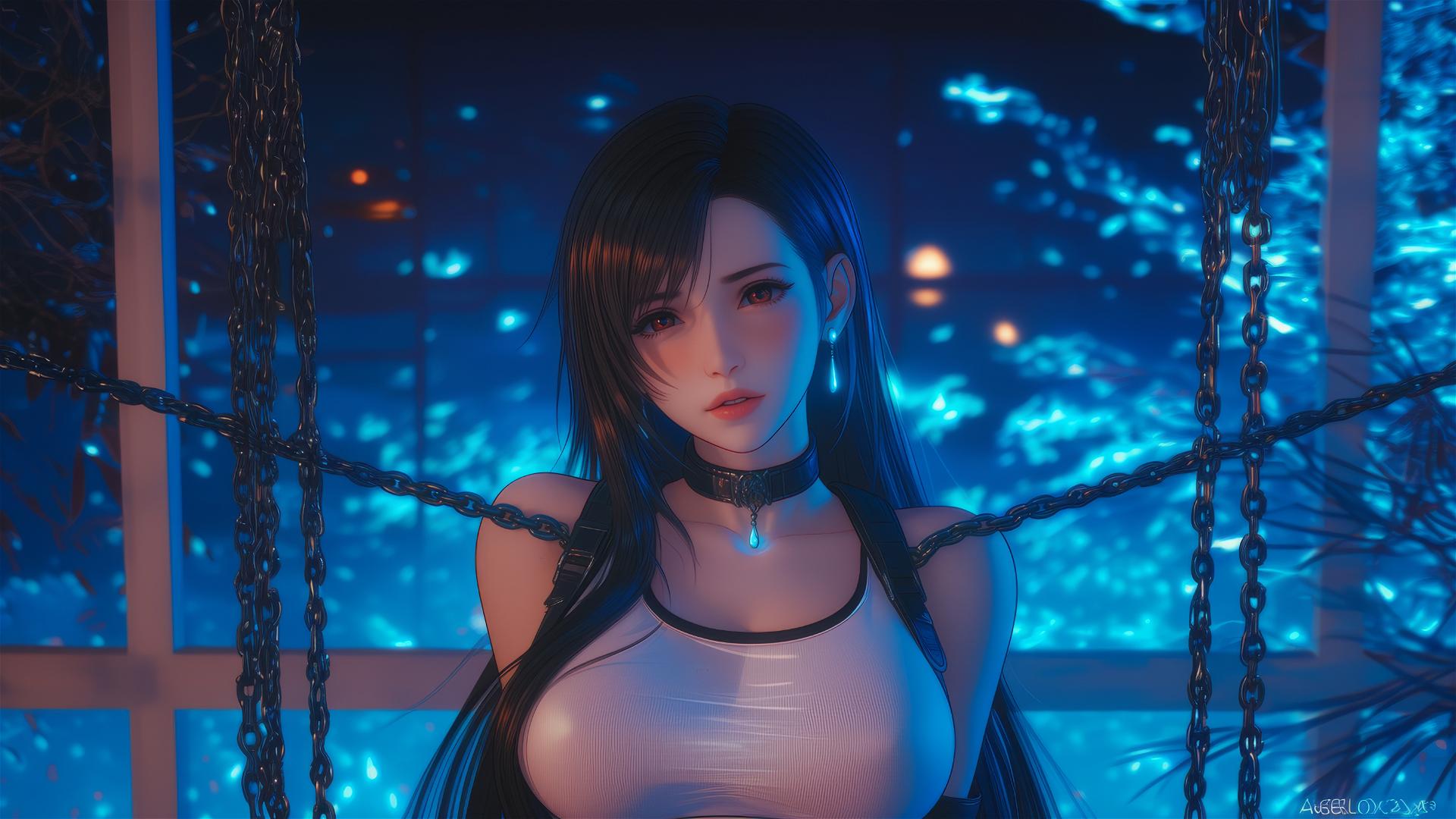 High angle of Tifa Lockhart in a hotel room, neck locked with thick iron chains.