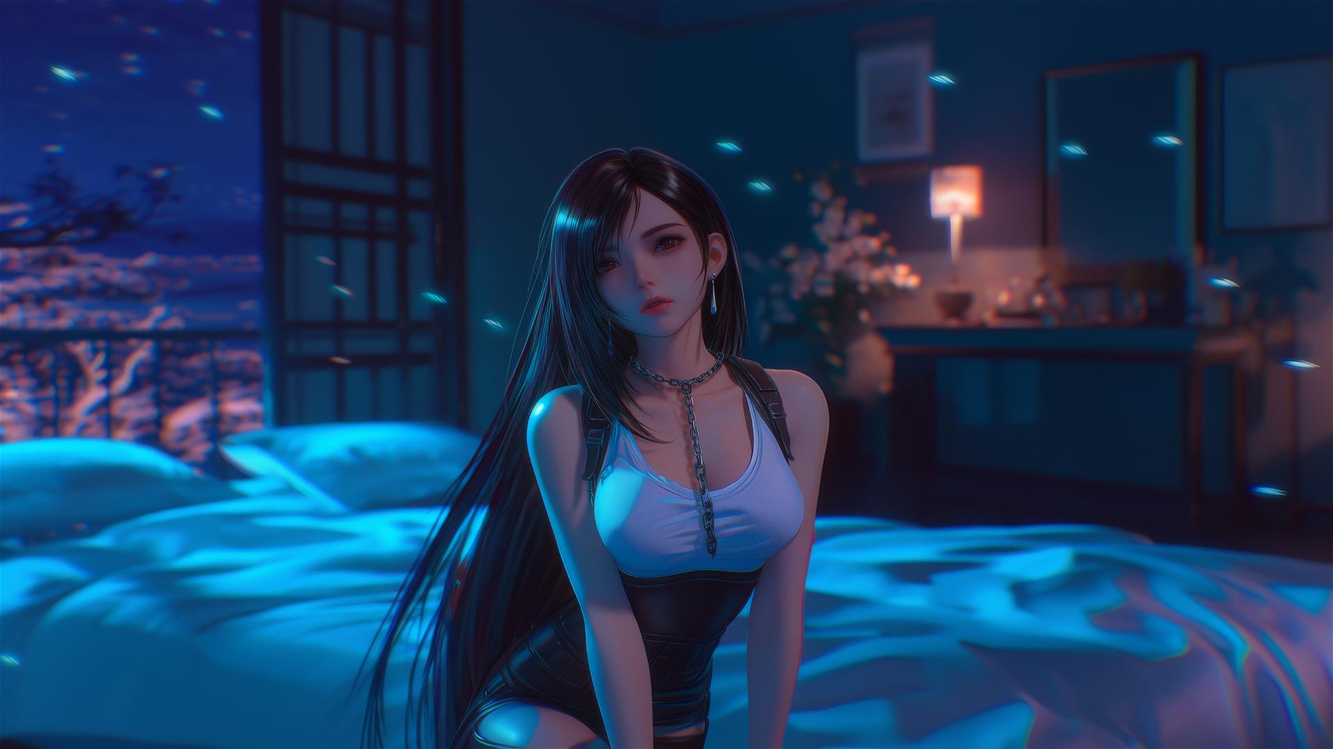 Tifa Lockhart with neck locked in thick iron chains in a modern hotel room.
