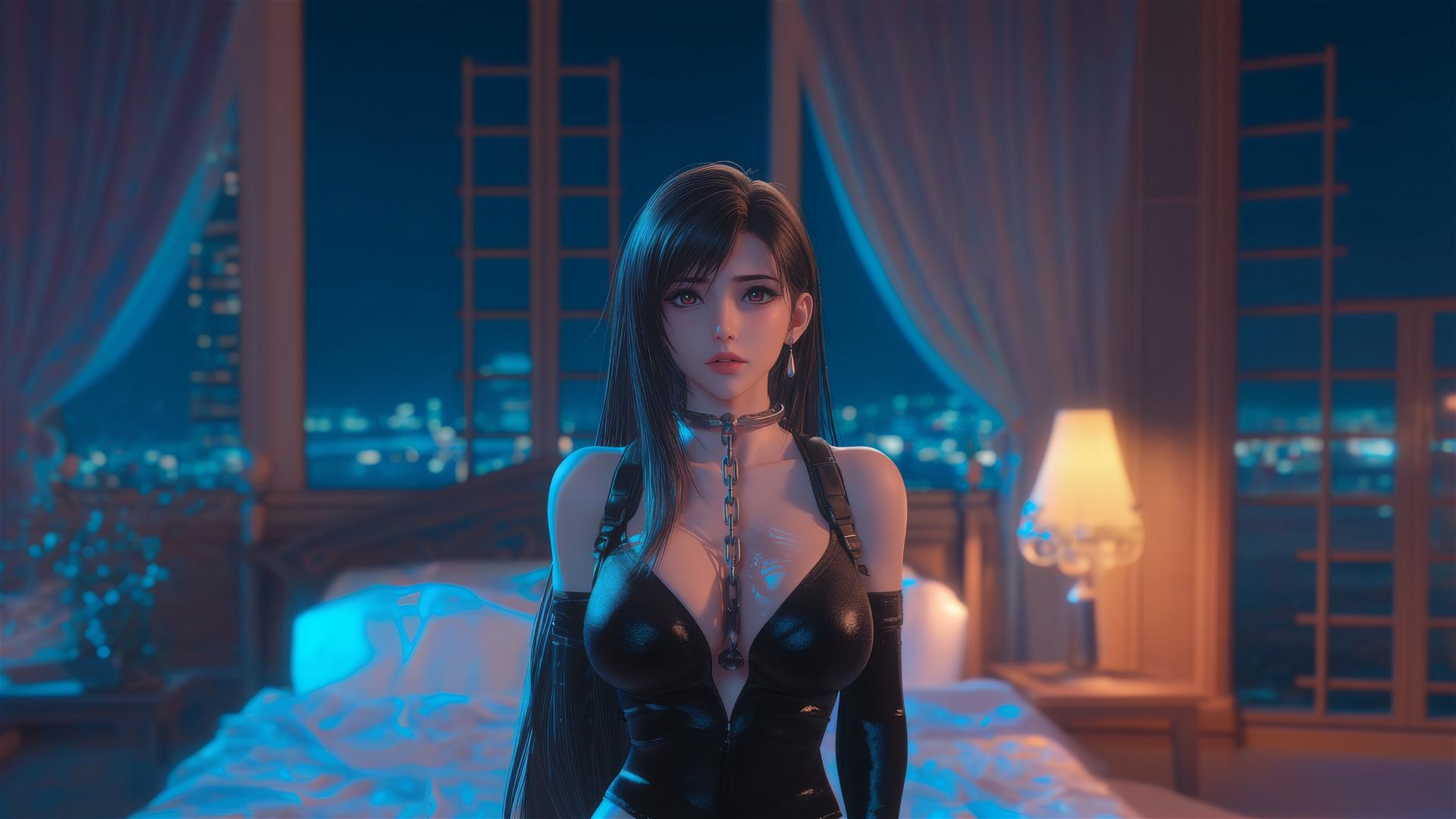 Tifa Lockhart in a modern hotel room with neck locked in thick iron chains.