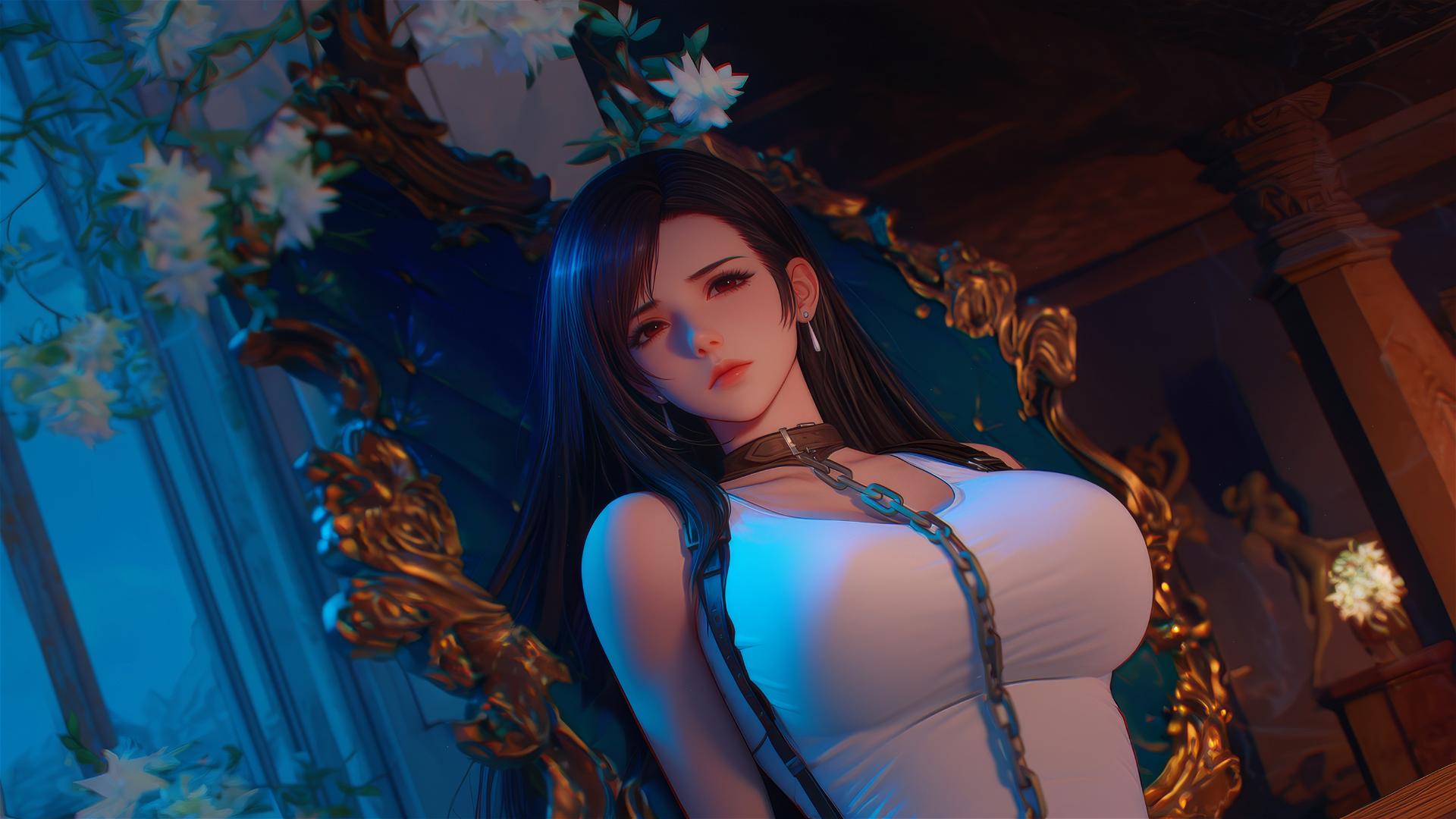 Tifa Lockhart chained by thick iron chains in a modern hotel room, warm soft glow