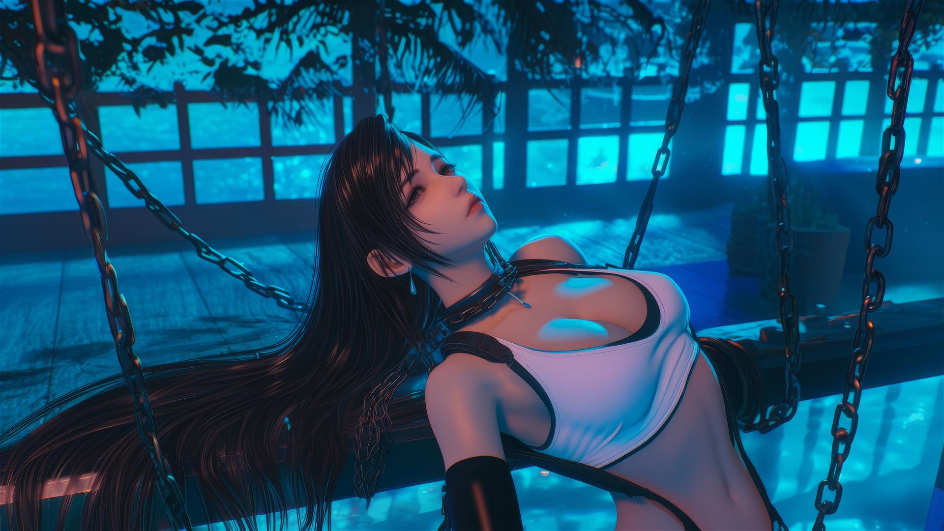 Tifa Lockhart in modern hotel room with iron chains around her neck, warm light glow