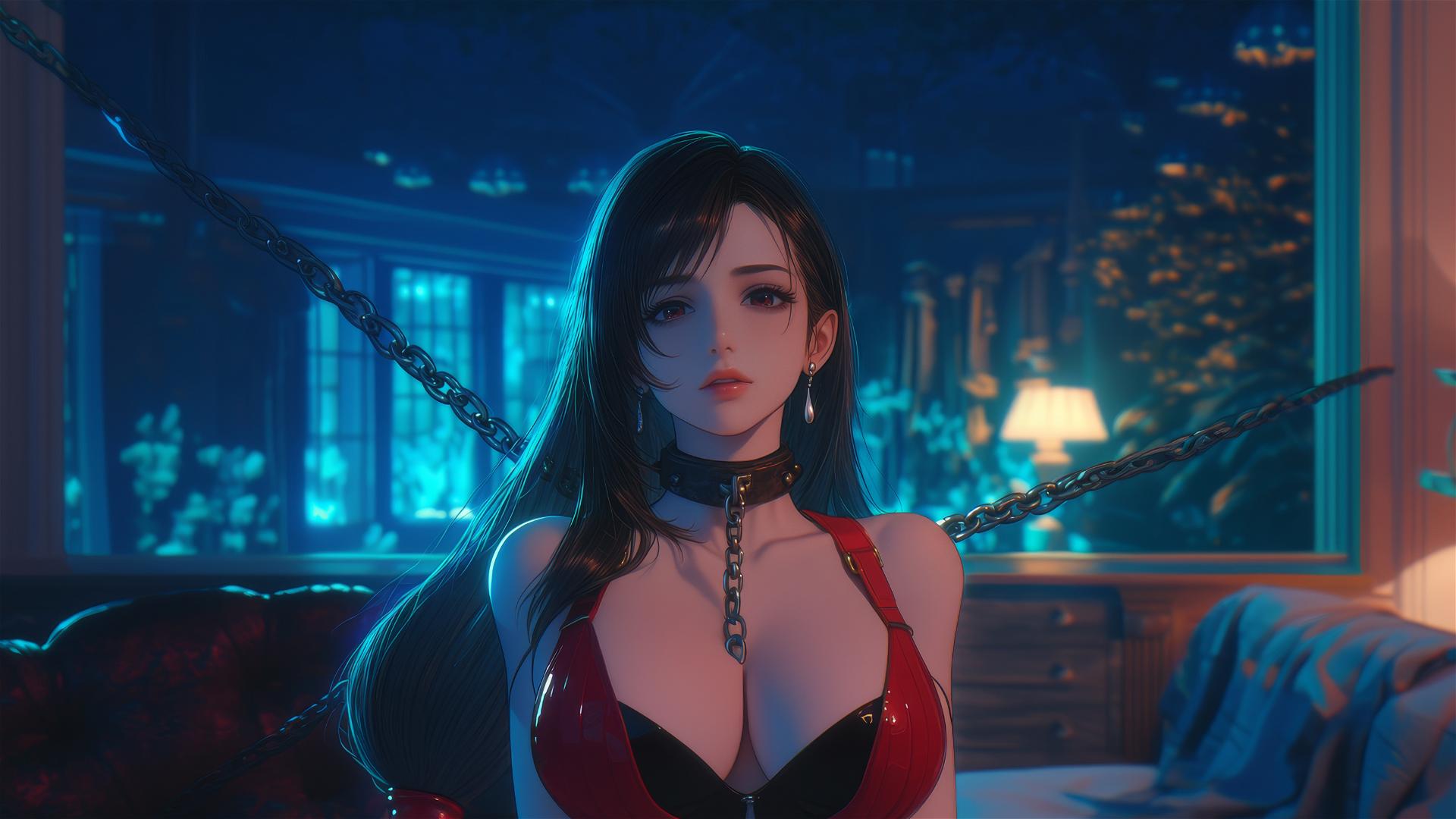 Tifa Lockhart in red, chained in a hotel room with warm lighting