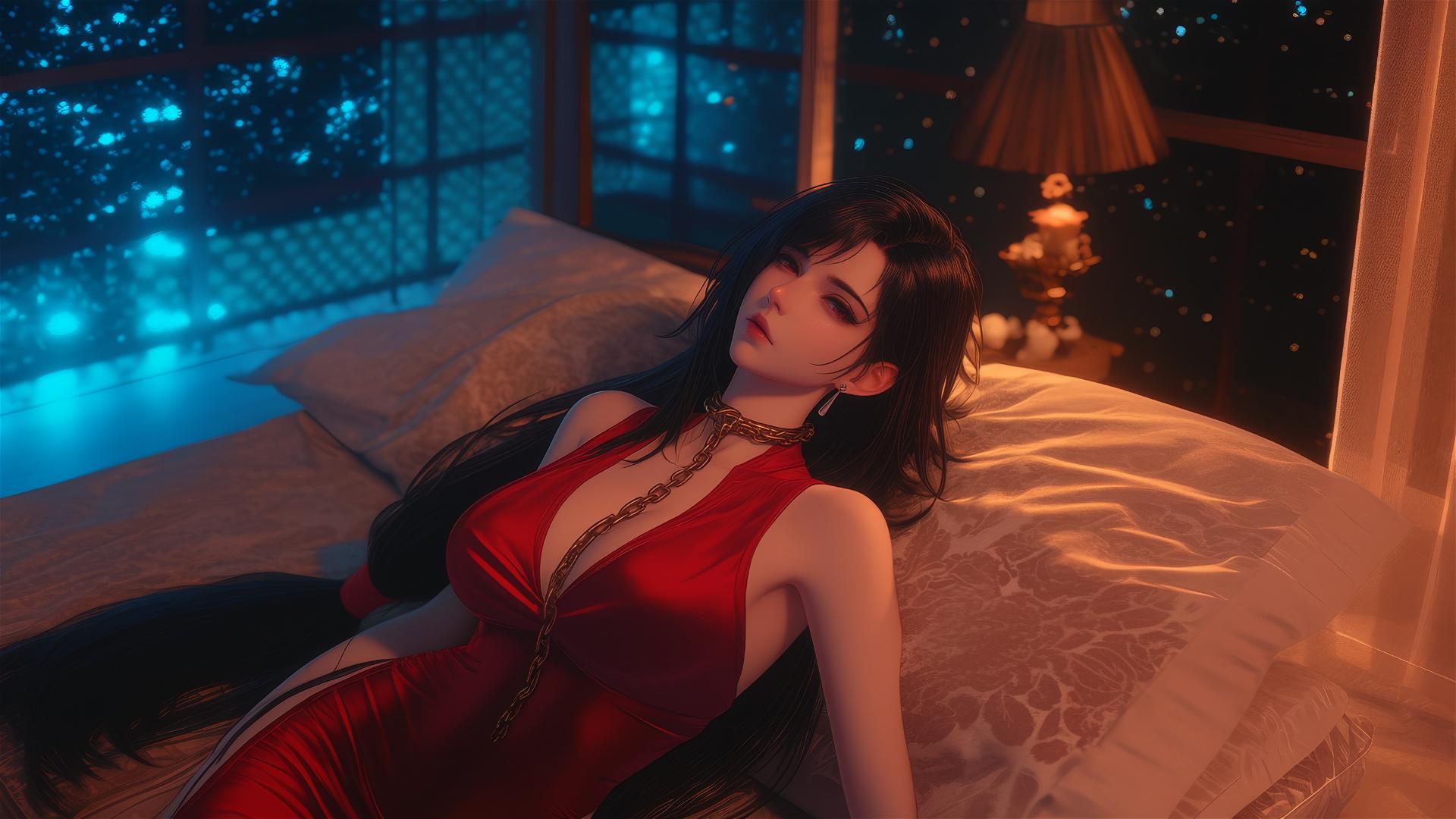 Tifa Lockhart chained in a modern hotel room with warm lighting.