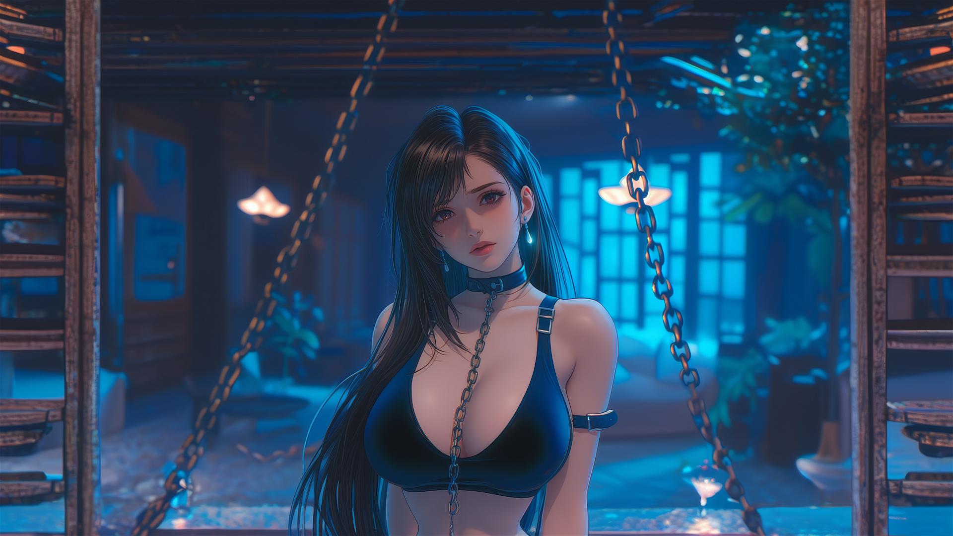 Tifa Lockhart chained in modern hotel room with warm glow