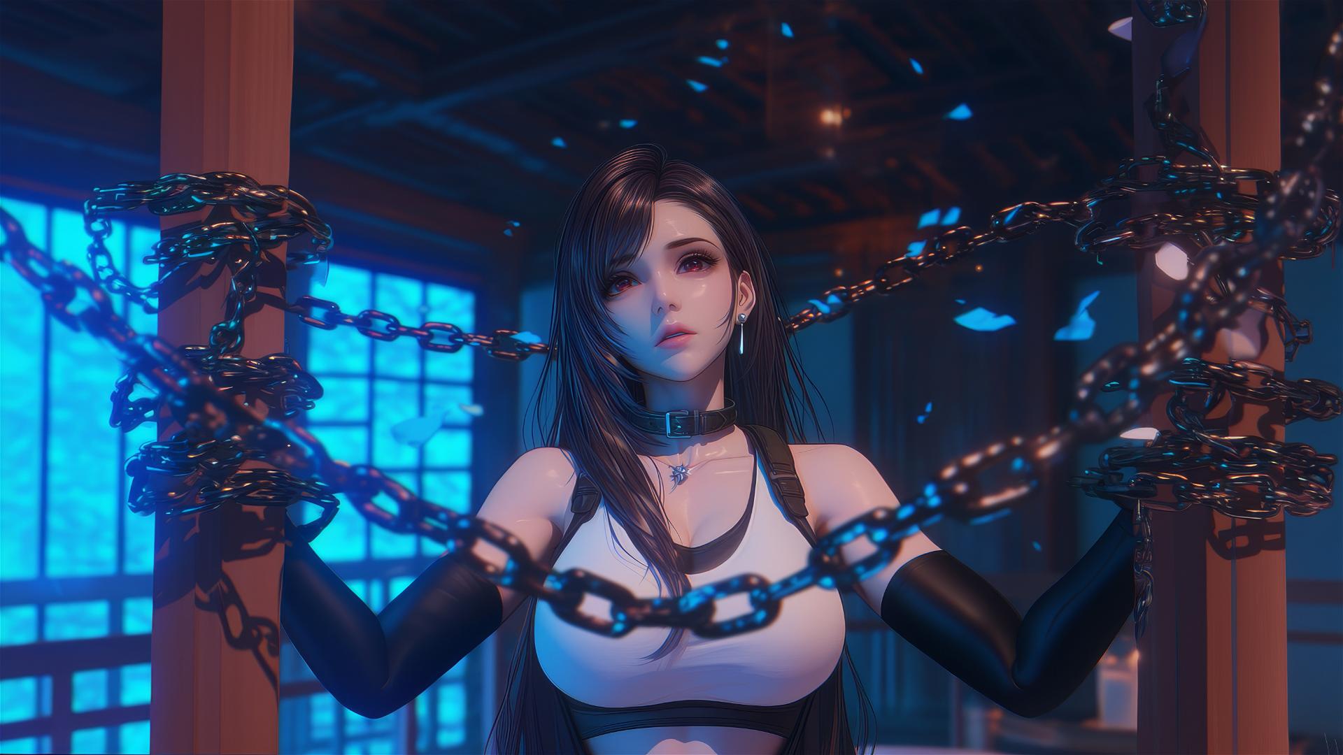 Tifa Lockhart in a modern hotel room, chained by the neck.