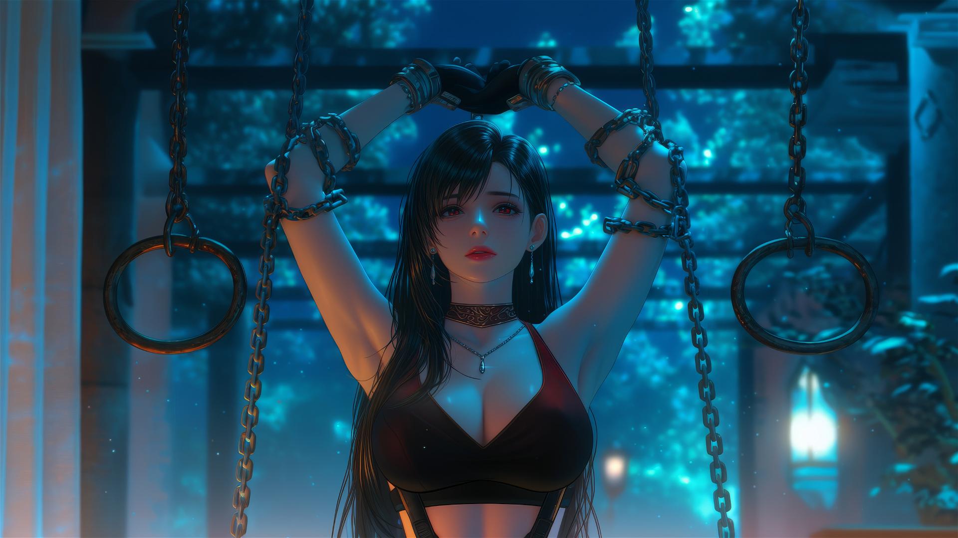 Tifa Lockhart in red, chained by the neck in a hotel room