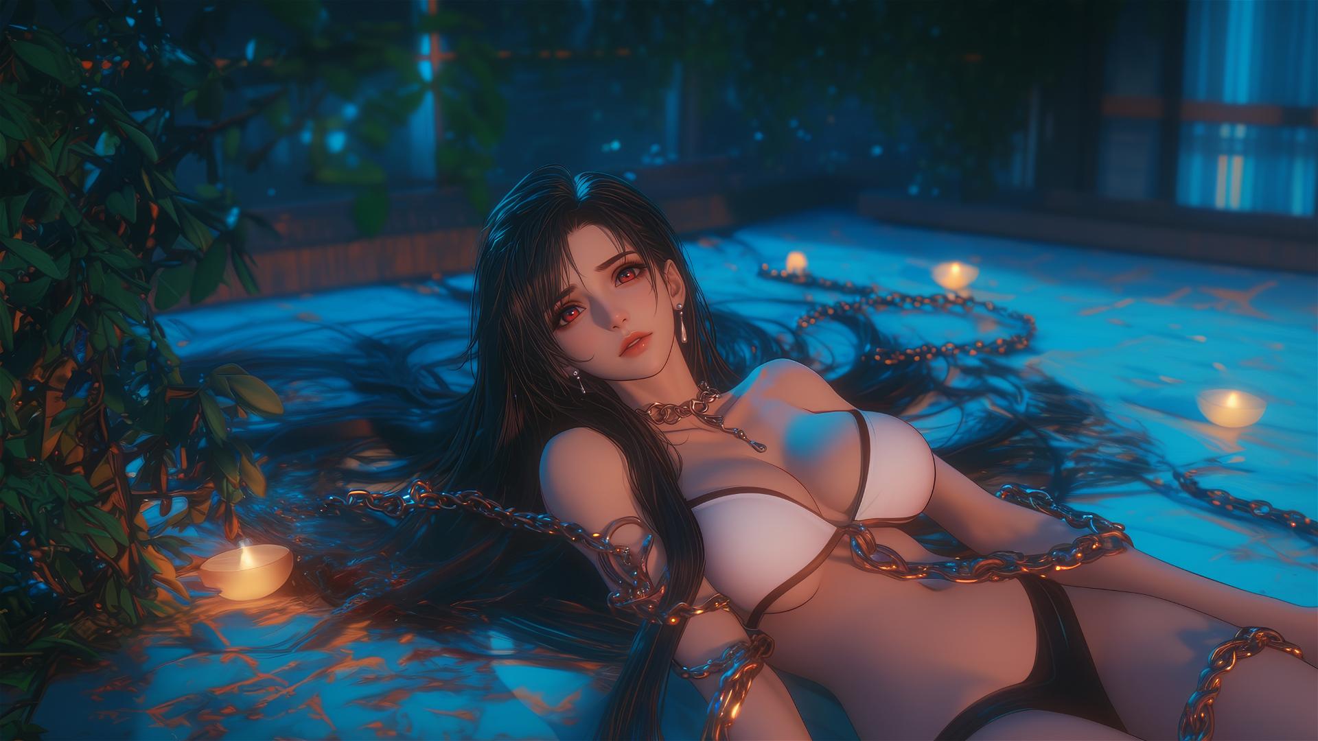 Tifa Lockhart with iron chains around neck in modern hotel room with warm light