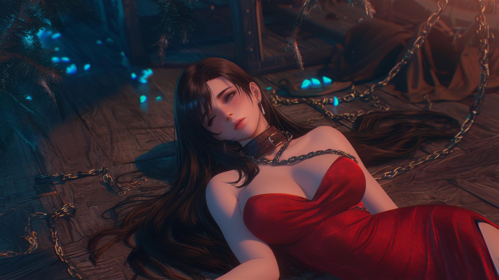 Tifa Lockhart in red, neck locked with iron chains, in a warm-lit modern hotel room.