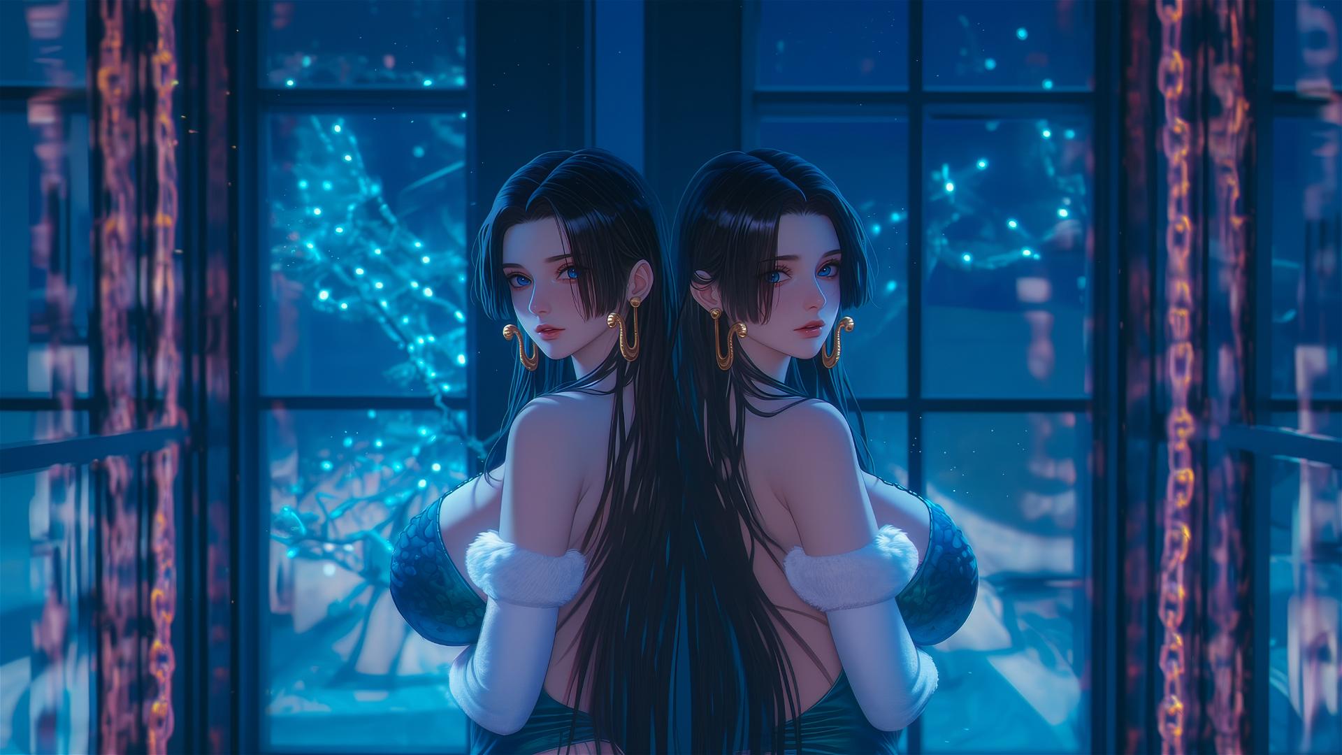 Boa Hancock from One Piece in Christmas costume, chained in neon-lit hotel room.