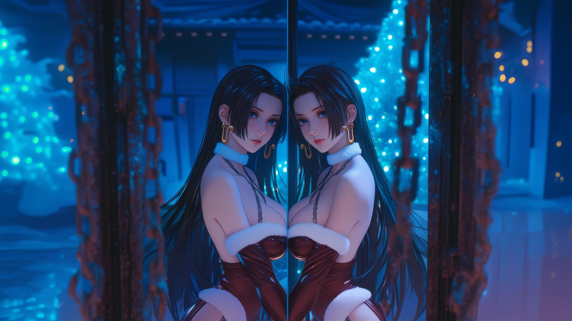 Boa Hancock in Christmas costume, locked in chains in neon-lit hotel room