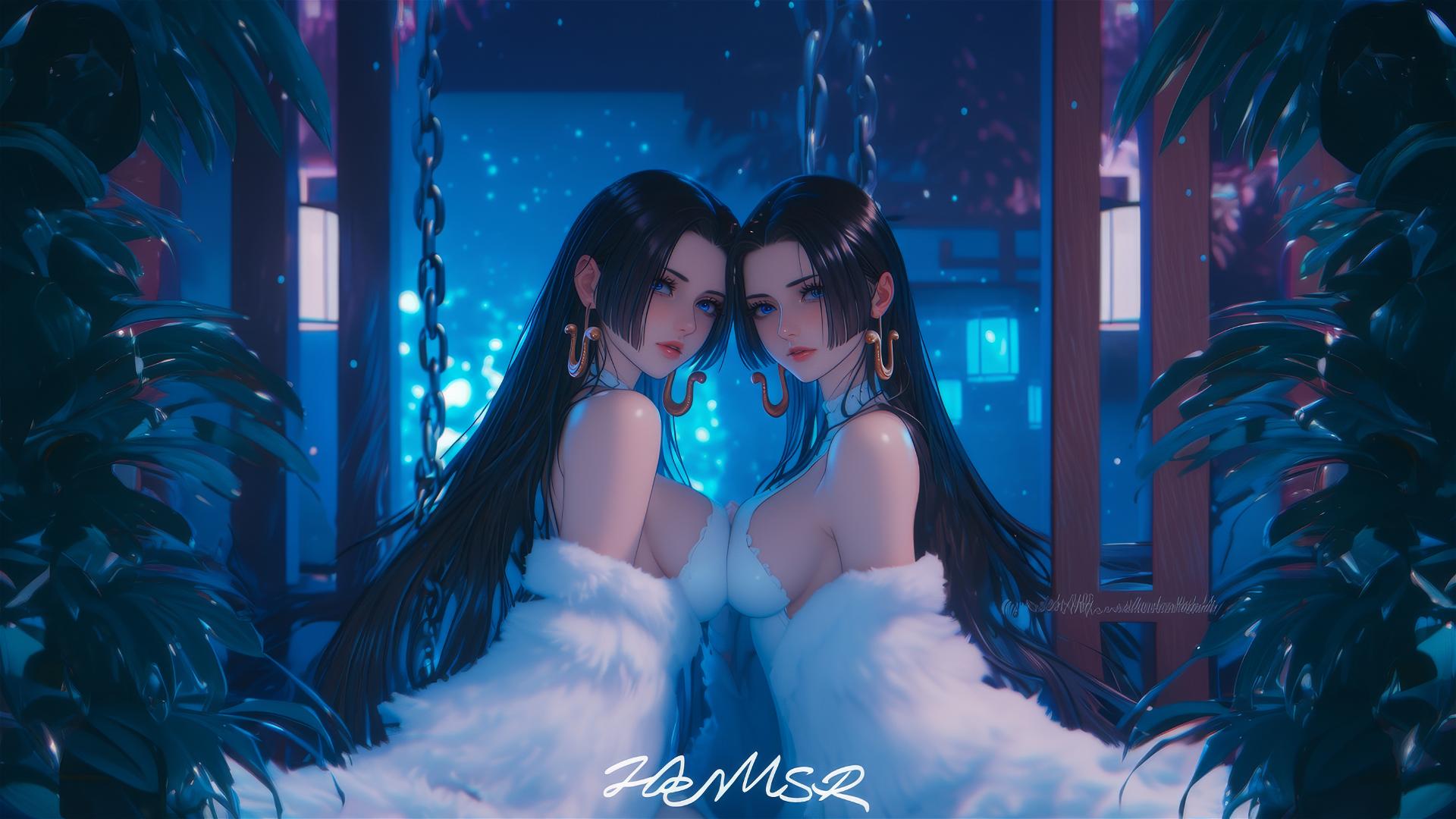 Boa Hancock in a Christmas costume, chained in a modern hotel room with neon pink lighting.