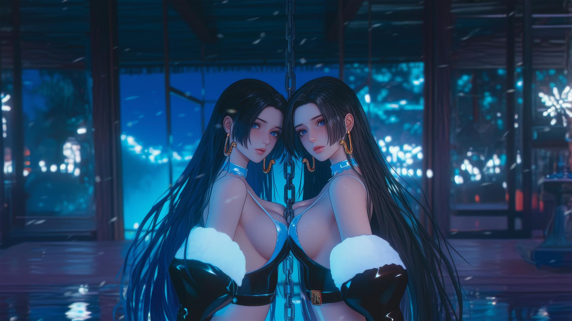 Boa Hancock from One Piece in Christmas costume, chained in a modern hotel room with neon lighting