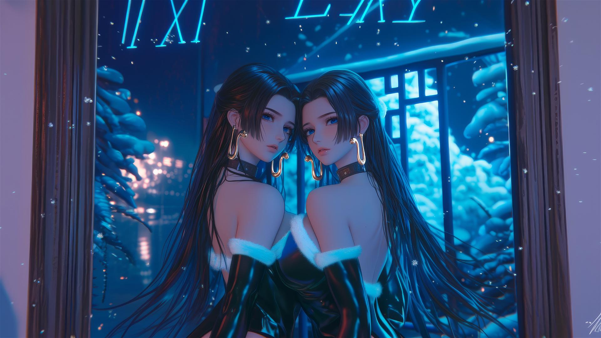 Boa Hancock in a Christmas costume, chained, in a neon-lit modern hotel room