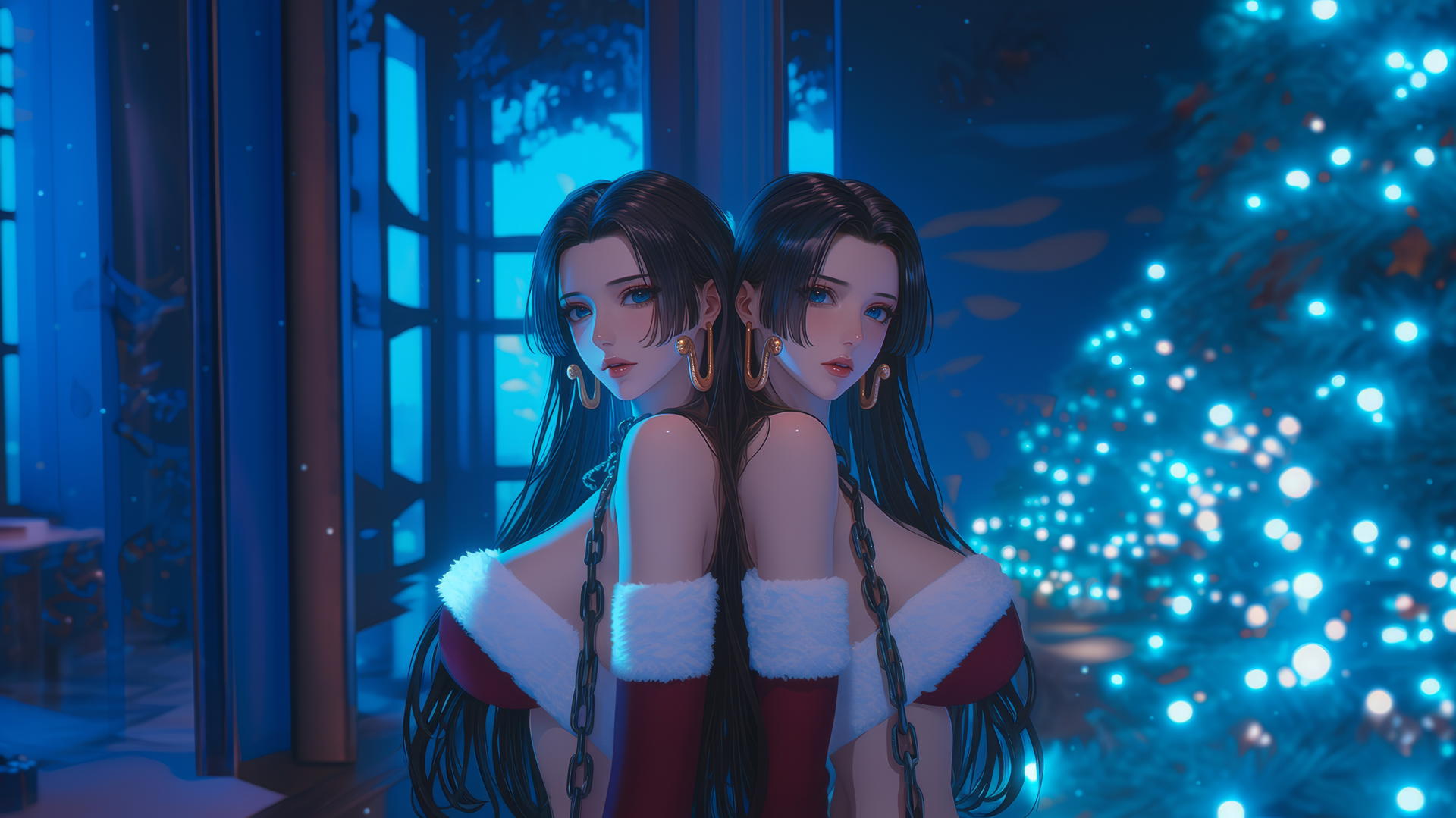 Boa Hancock in a Christmas costume chained in a modern hotel room with neon light.