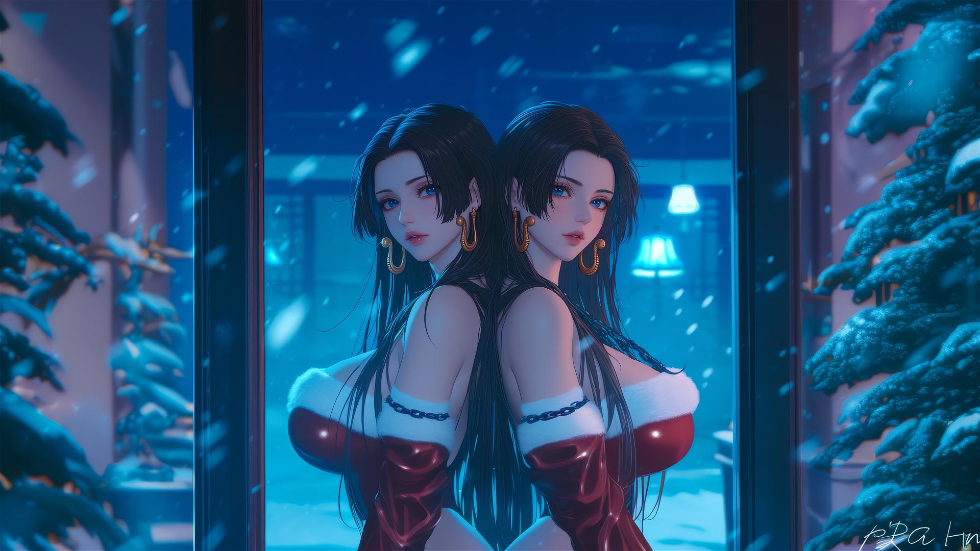Boa Hancock in Christmas costume, chained in a neon-lit hotel room with pink background