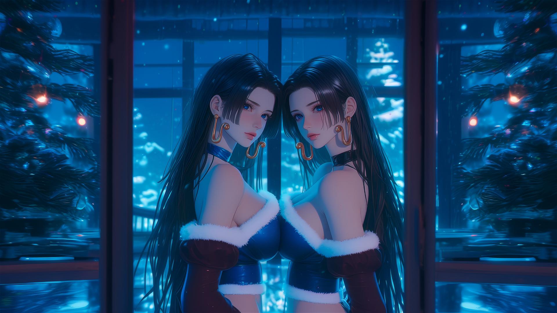 Boa Hancock in Christmas costume, chained in a neon-lit hotel room.