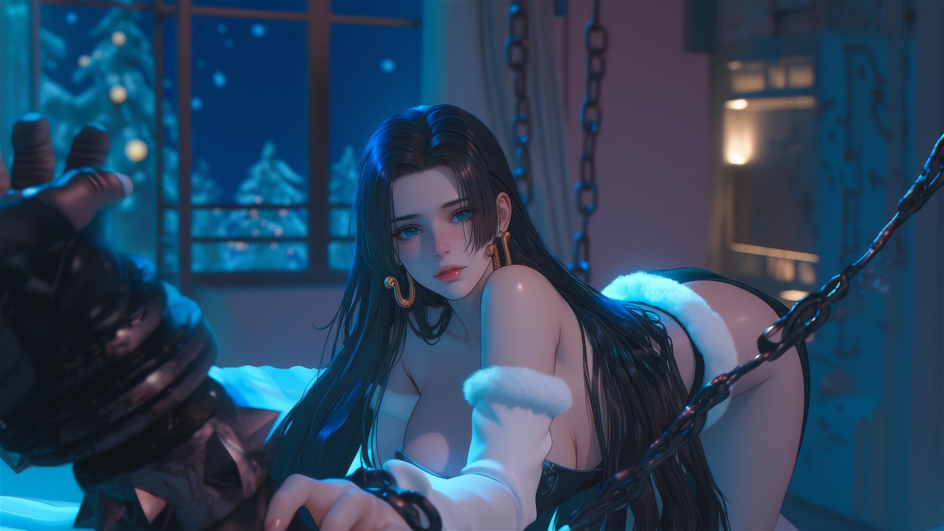 Boa Hancock in a Christmas costume chained in a neon-lit hotel room