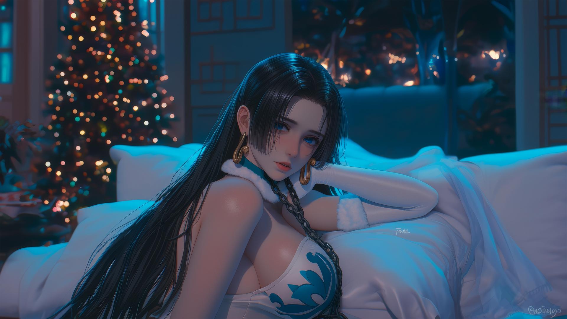 Boa Hancock in a Christmas costume, chained in a neon-lit hotel room.