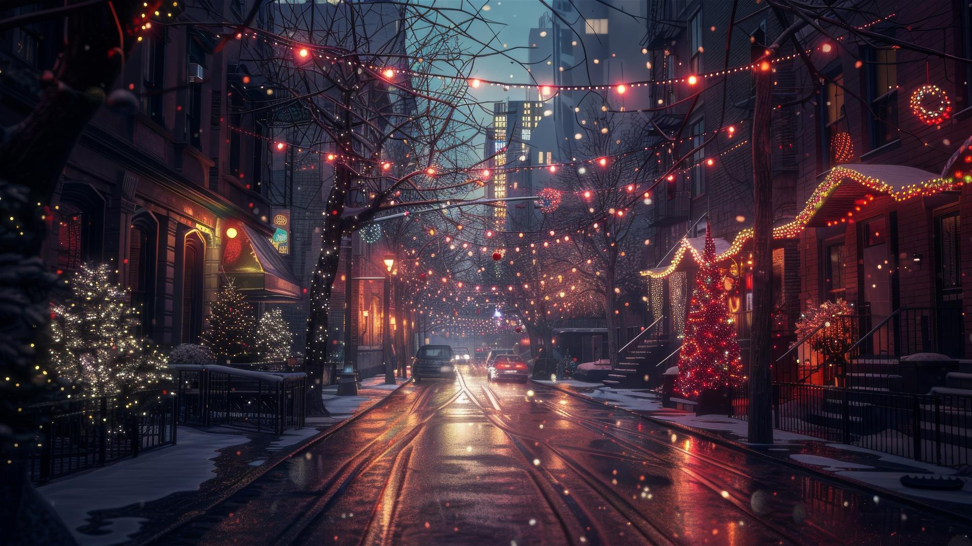 Christmas night in a silent street of a modern city