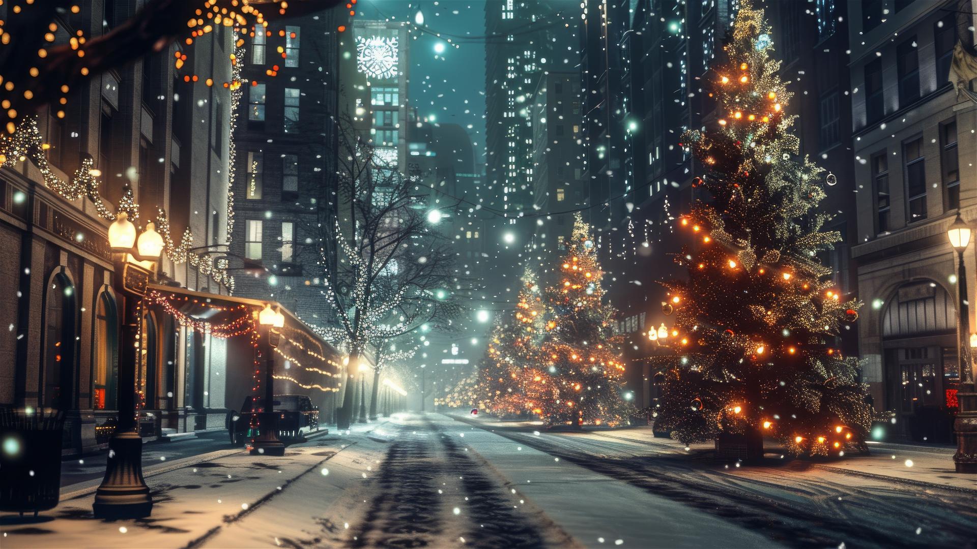 christmas night, silent street, modern cityscape