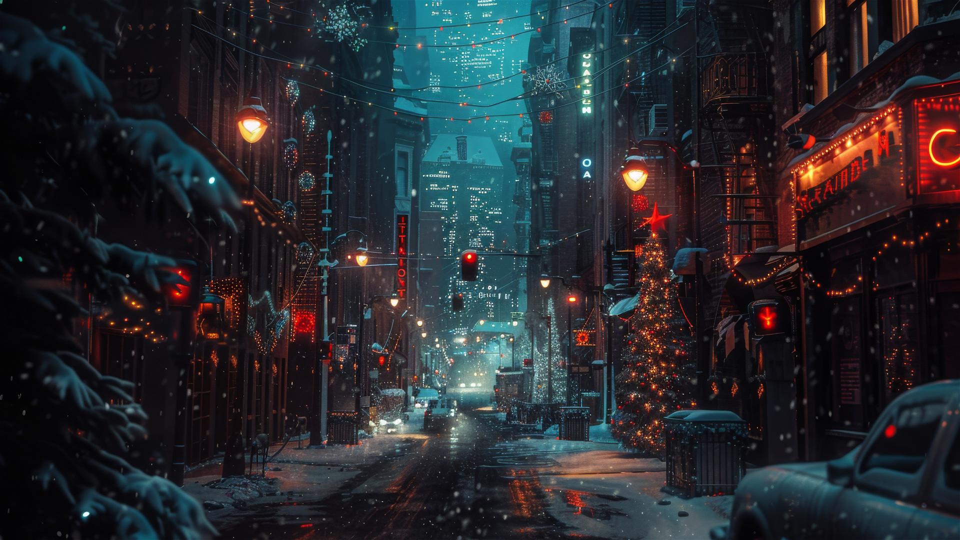 Silent Christmas night in a modern city street