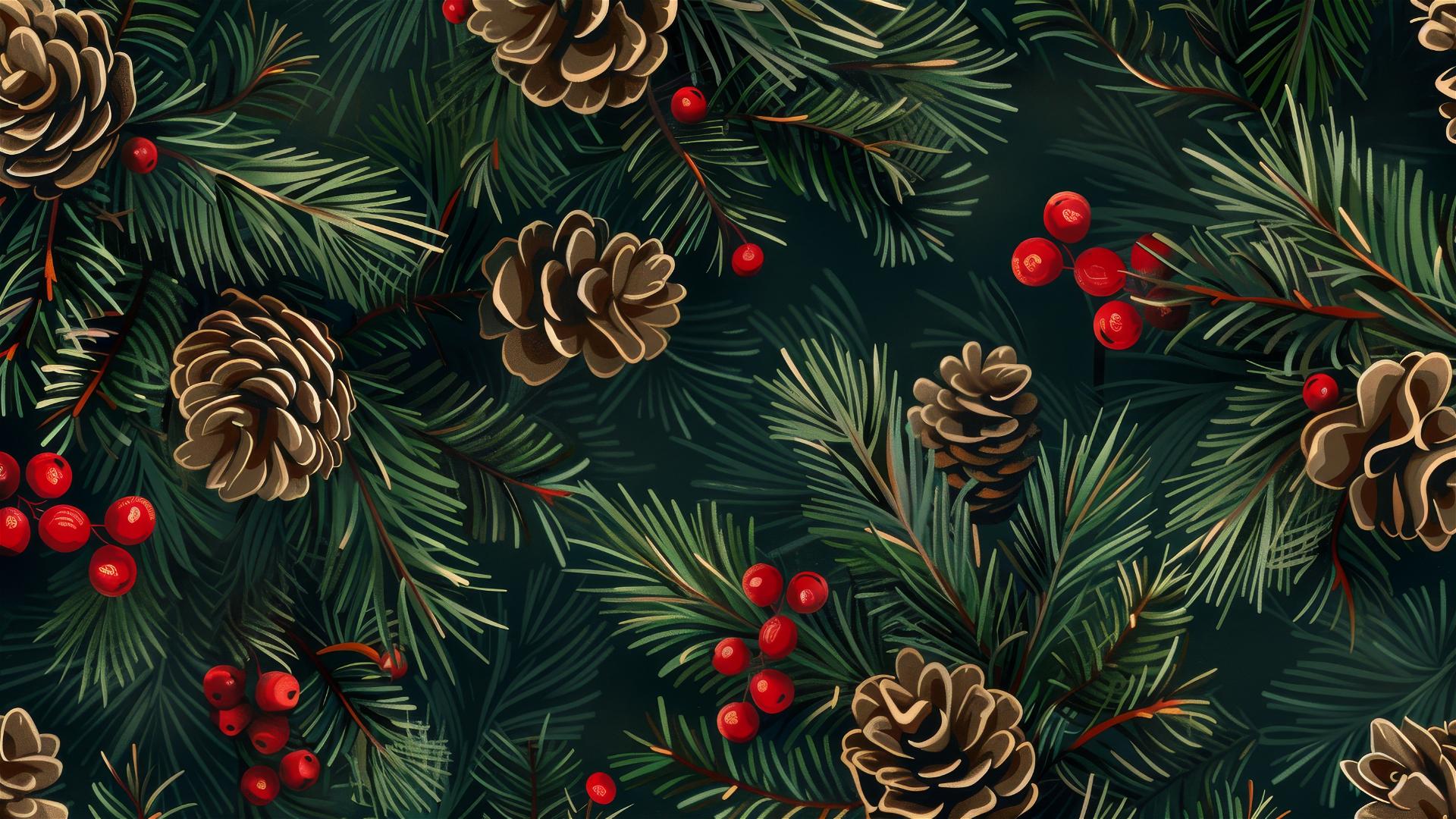 Seamless pattern of spruce cones, pine needles, and red berries on dark green background