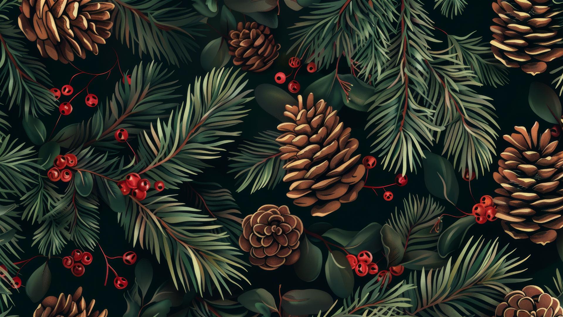 Seamless spruce cones, pine needles and red berries on dark green