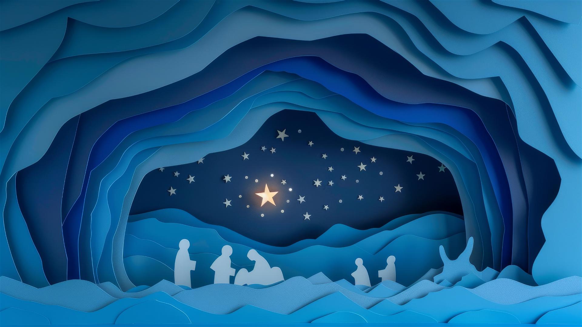 Minimal nativity scene in paper cutout style with a blue night sky.