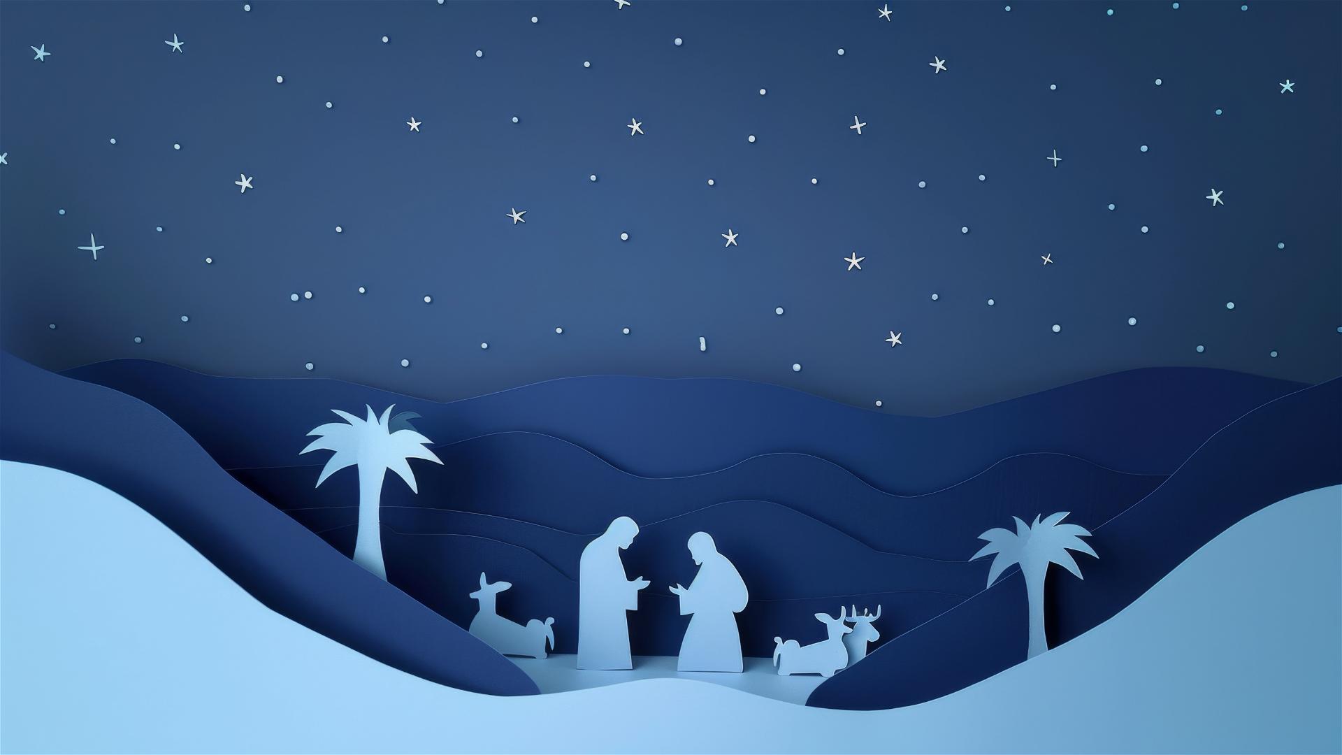 Paper cutout style nativity scene under a blue night sky