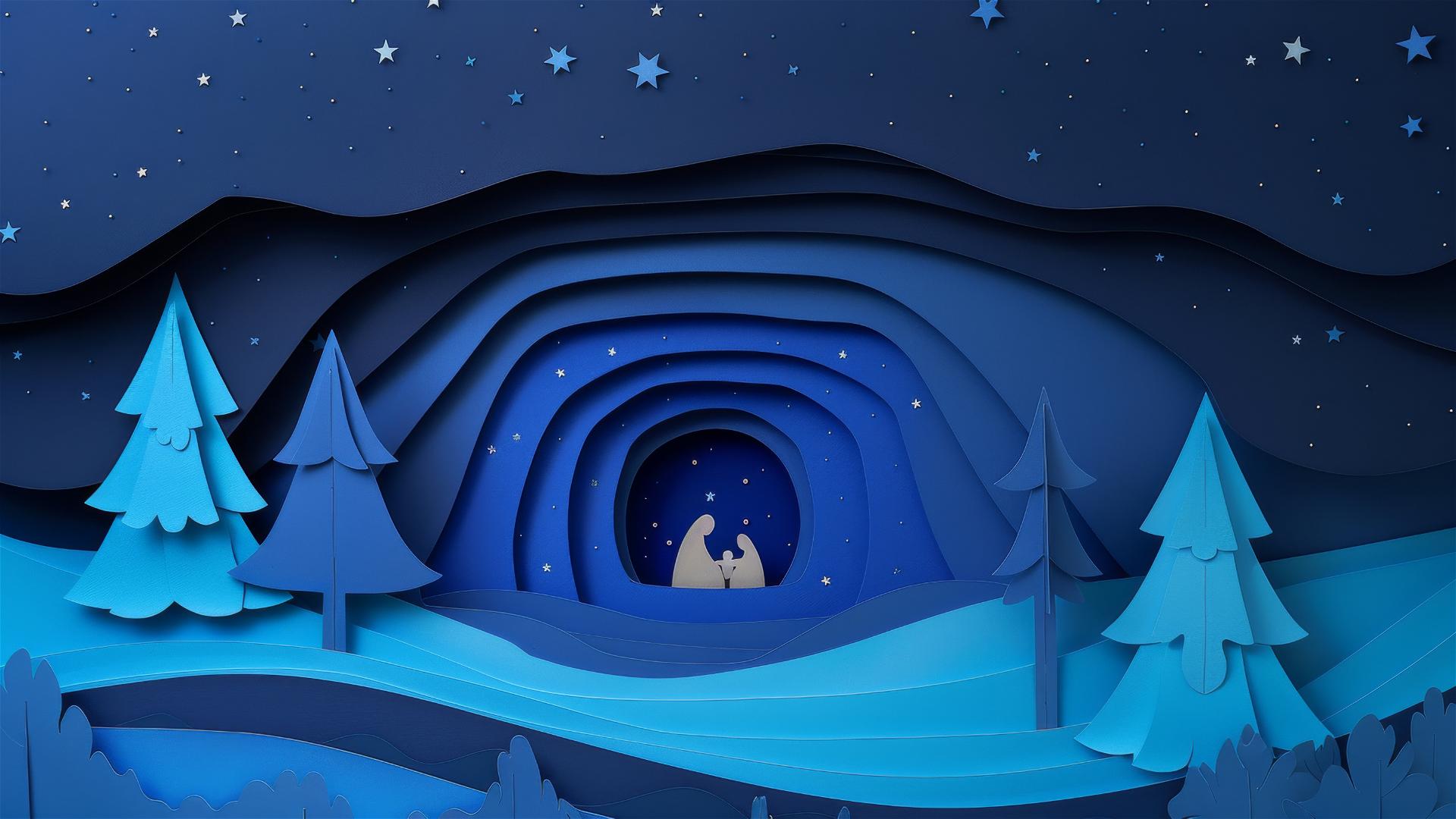 minimal nativity scene in paper cutout style with blue night sky