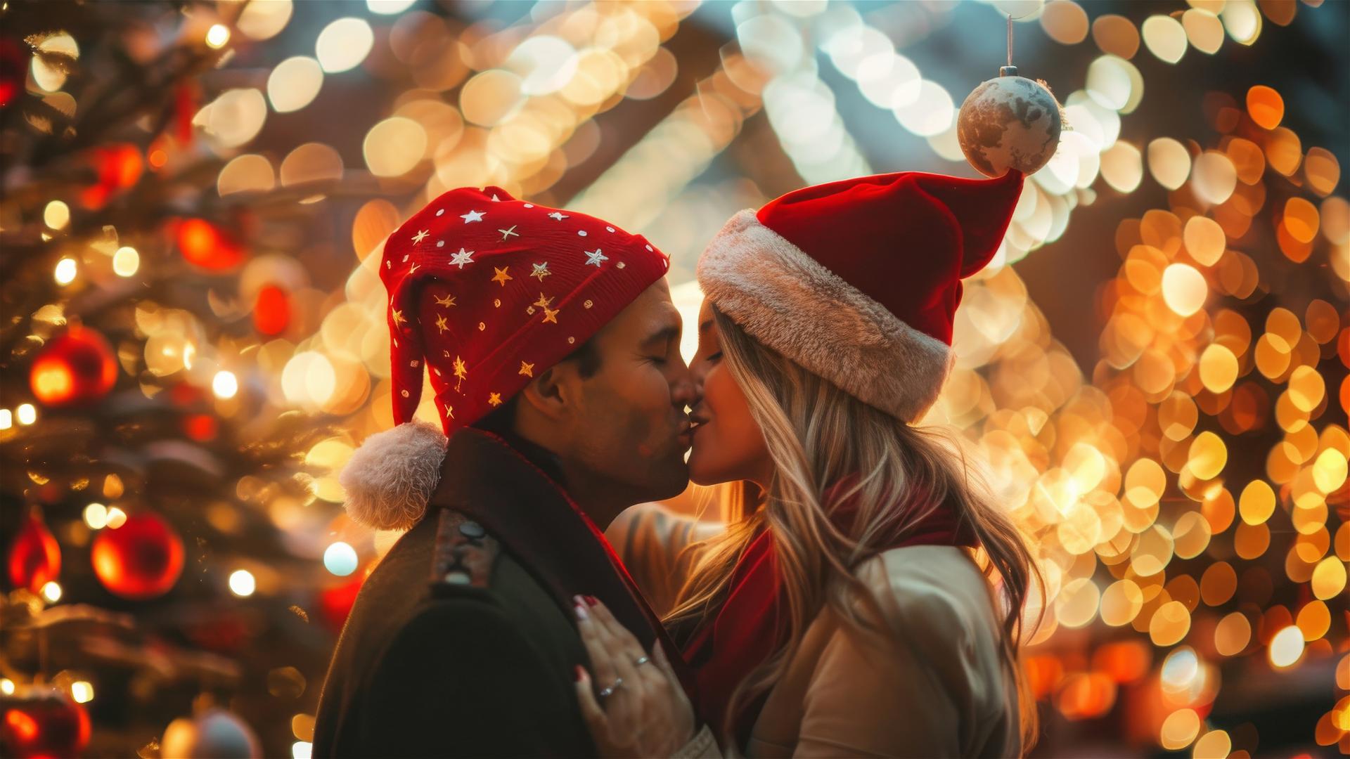 Two lovers kissing in Christmas outfits