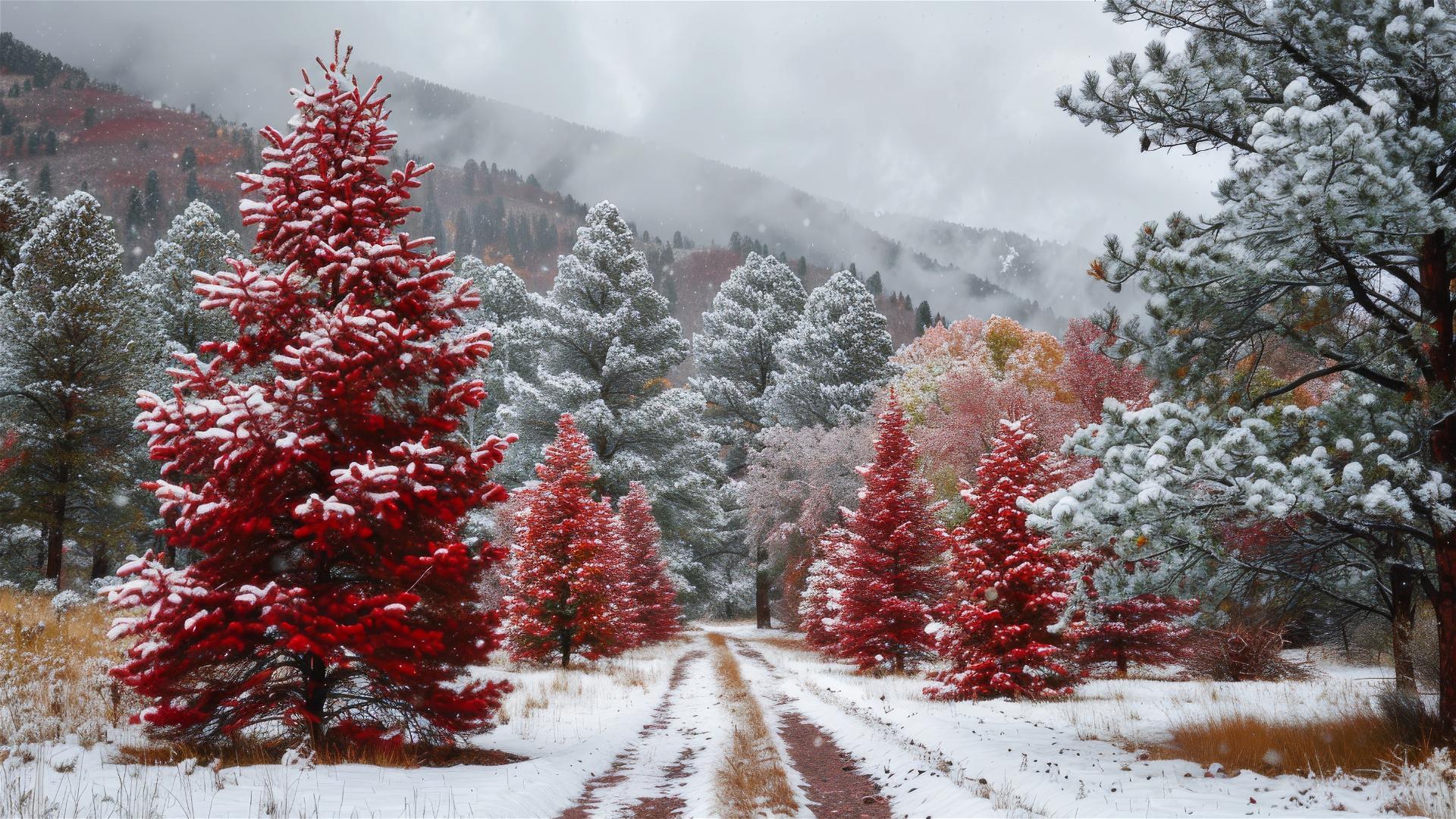 Red Christmas trees with white snow in Colorado
