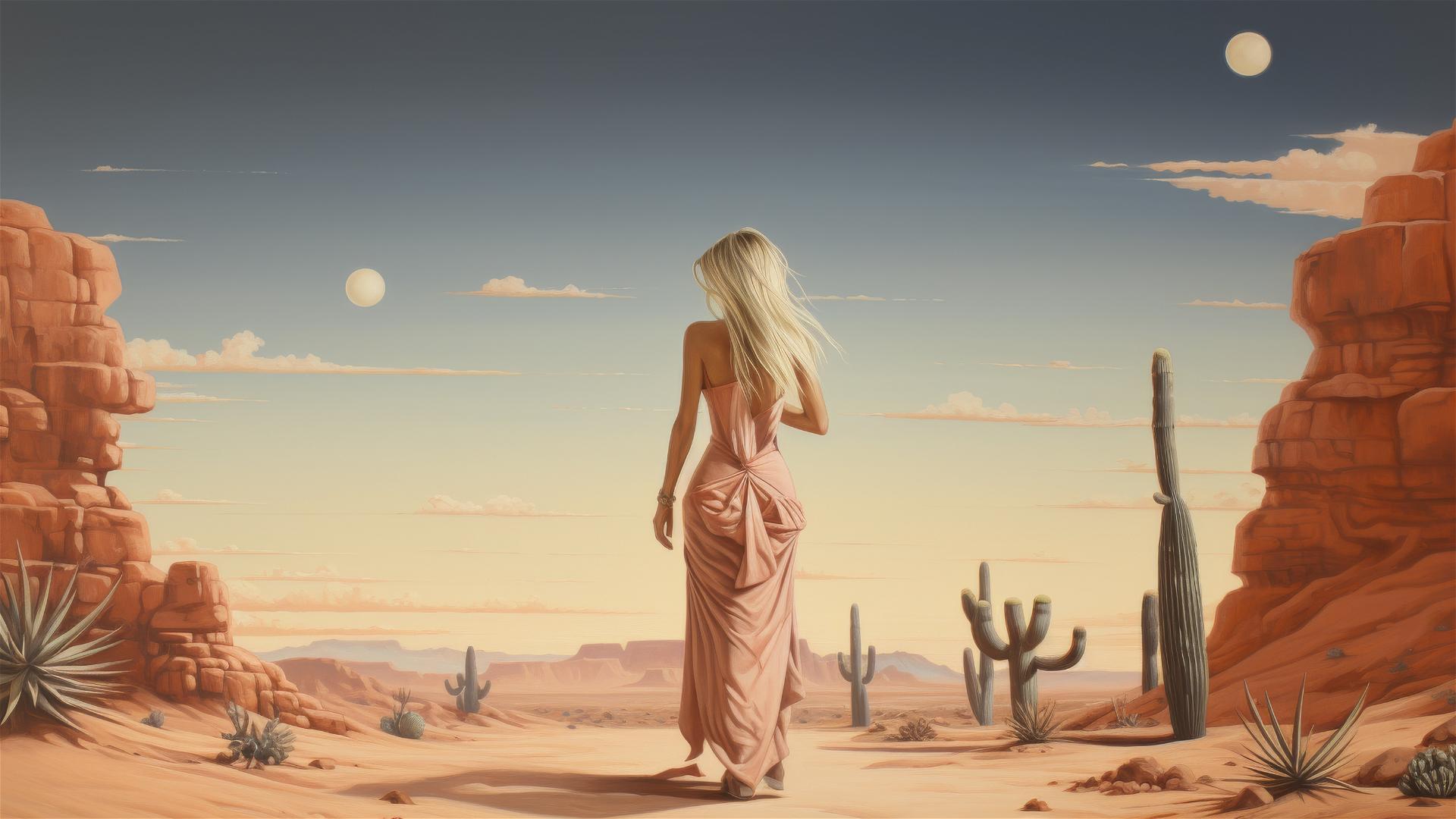 Surreal white-haired woman in terracotta dress walking in the desert