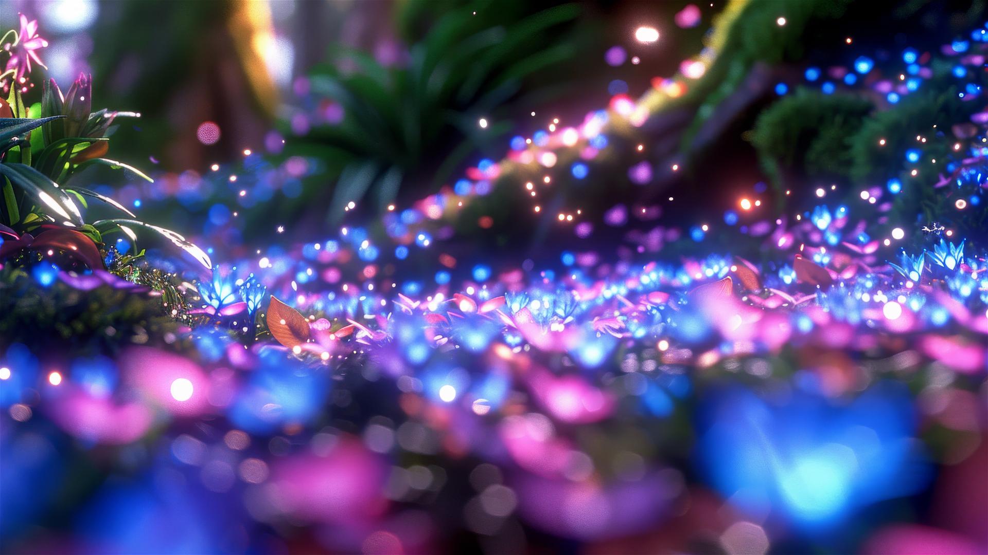 Forest scene with hidden creatures at sunset under a starry sky, styled by Gustave Klimt