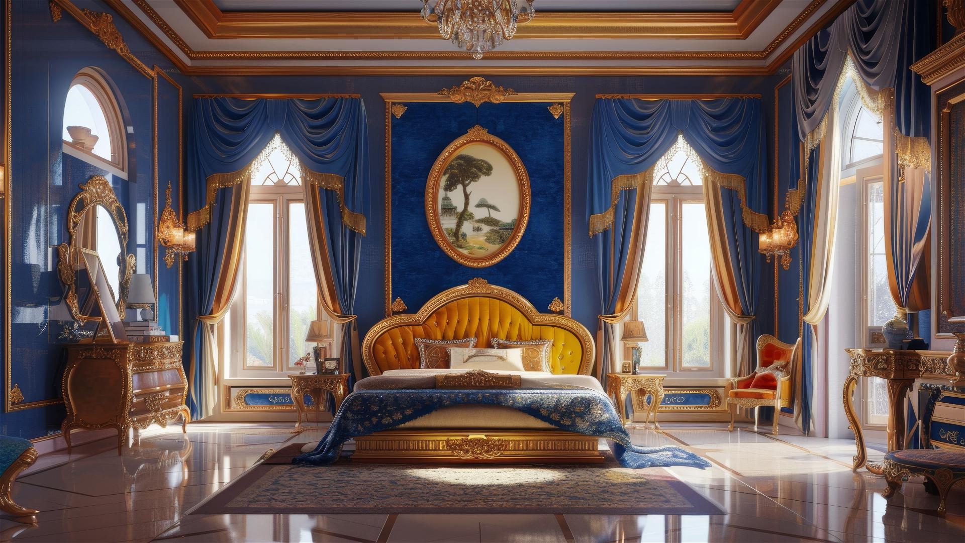 Ultra-detailed blue and gold luxury villa with Japanese design