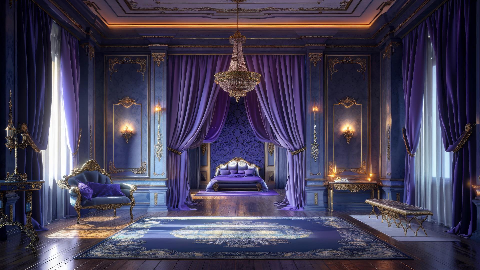 Modern blue-gold Japanese-inspired villa with cinematic lighting and ultra-realistic details