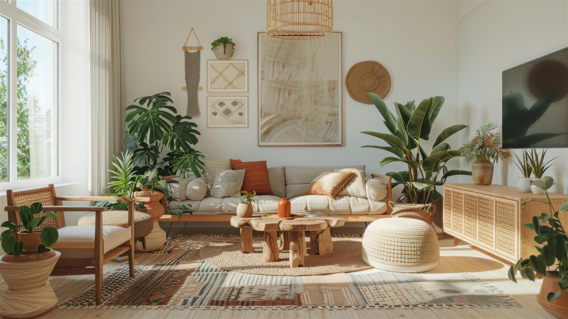 Cozy living room with bohemian and Scandinavian decor