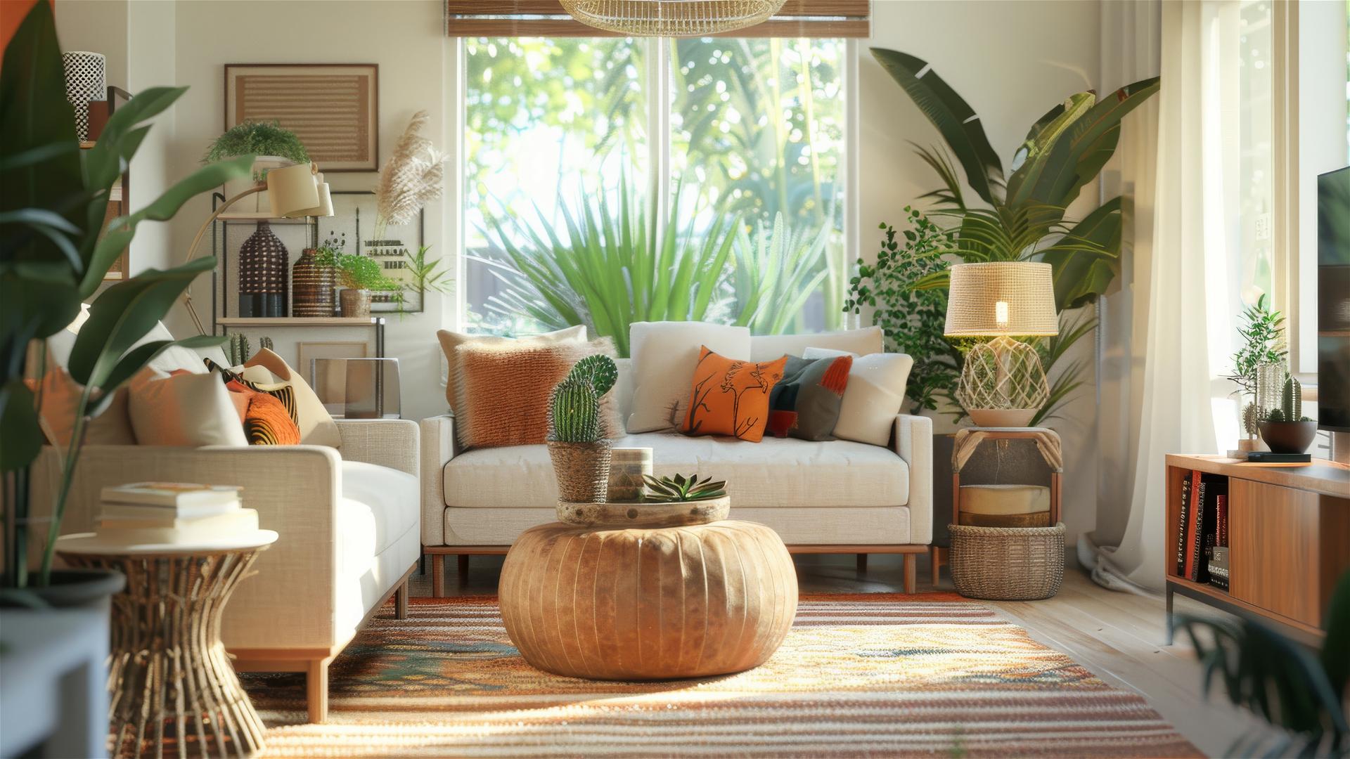 Eclectic bohemian-Scandinavian styled living room with lush plants and vibrant accents.