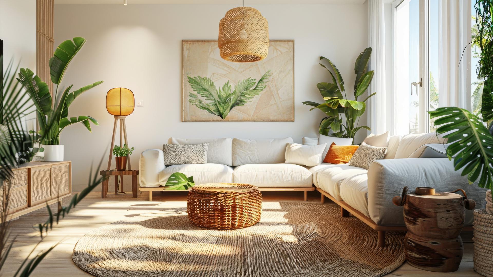 Living room with bohemian and Scandinavian decor, warm tones, and natural light.